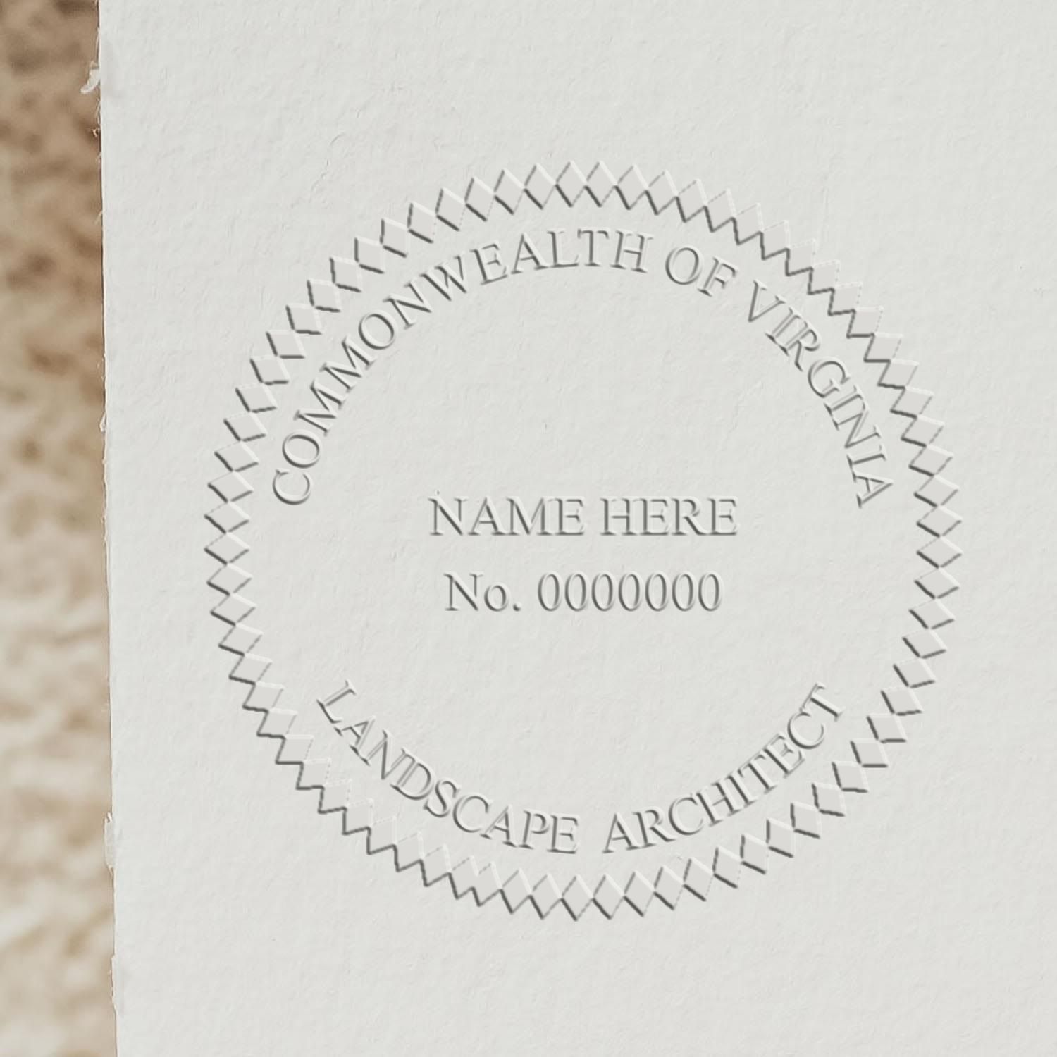 A photograph of the State of Virginia Handheld Landscape Architect Seal stamp impression reveals a vivid, professional image of the on paper.