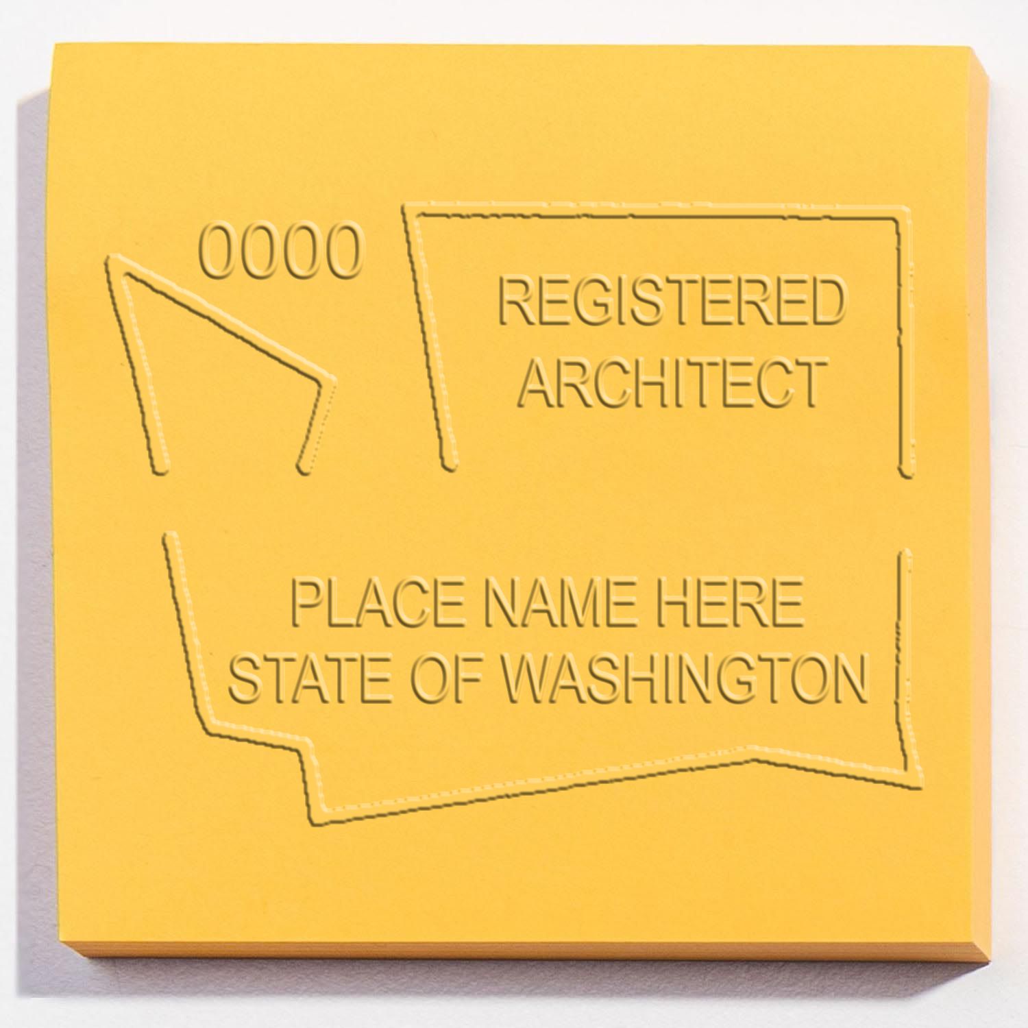 A lifestyle photo showing a stamped image of the Handheld Washington Architect Seal Embosser on a piece of paper