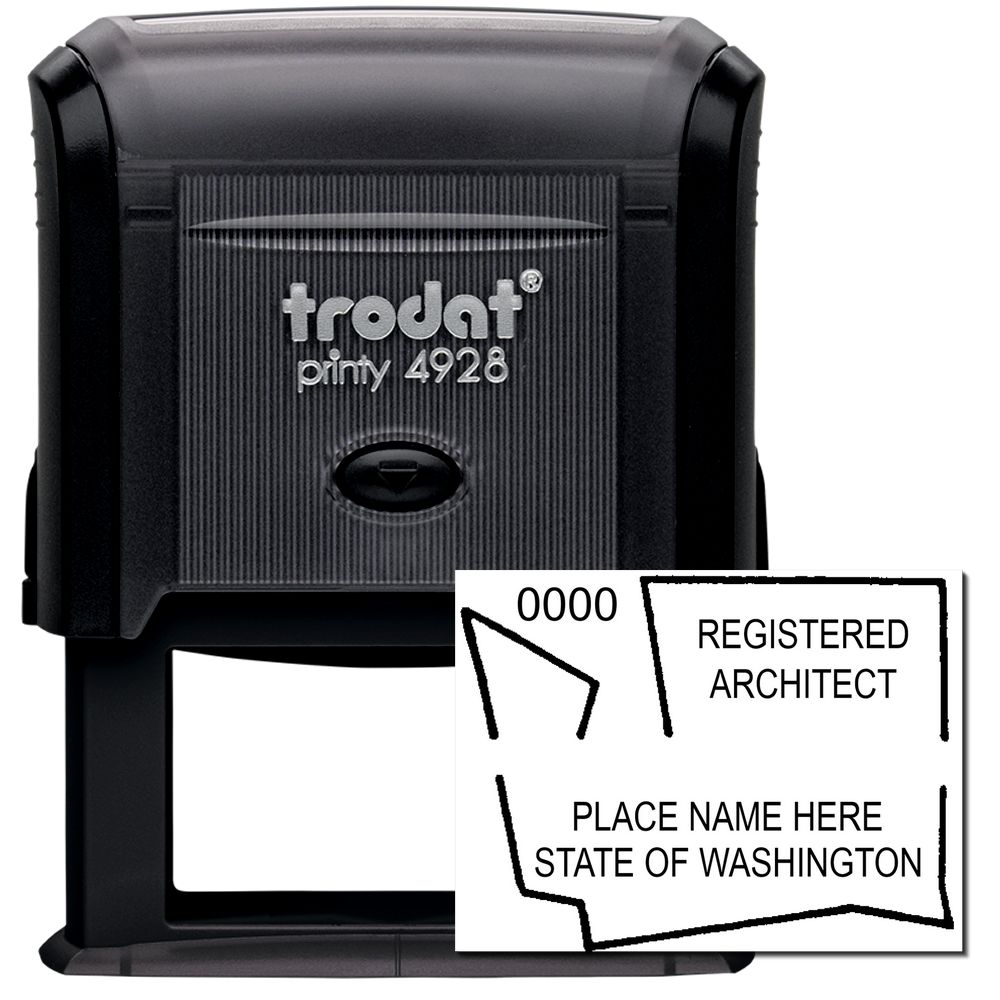 Self Inking Washington Architect Stamp by Trodat, model 4928, with a sample imprint showing Registered Architect and State of Washington .