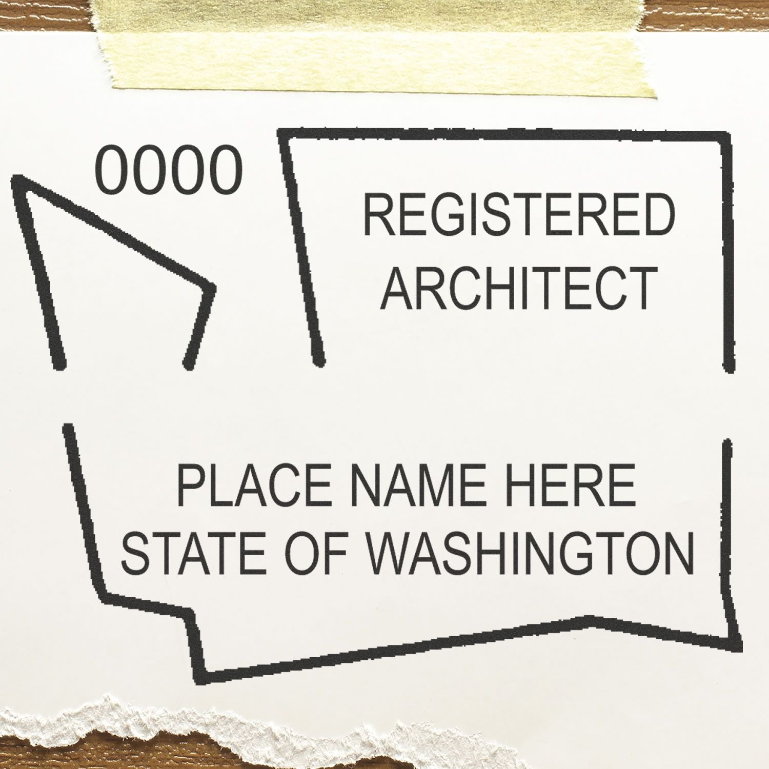 Washington Architect Seal Stamp with placeholder text for name and registration number, taped to a surface.