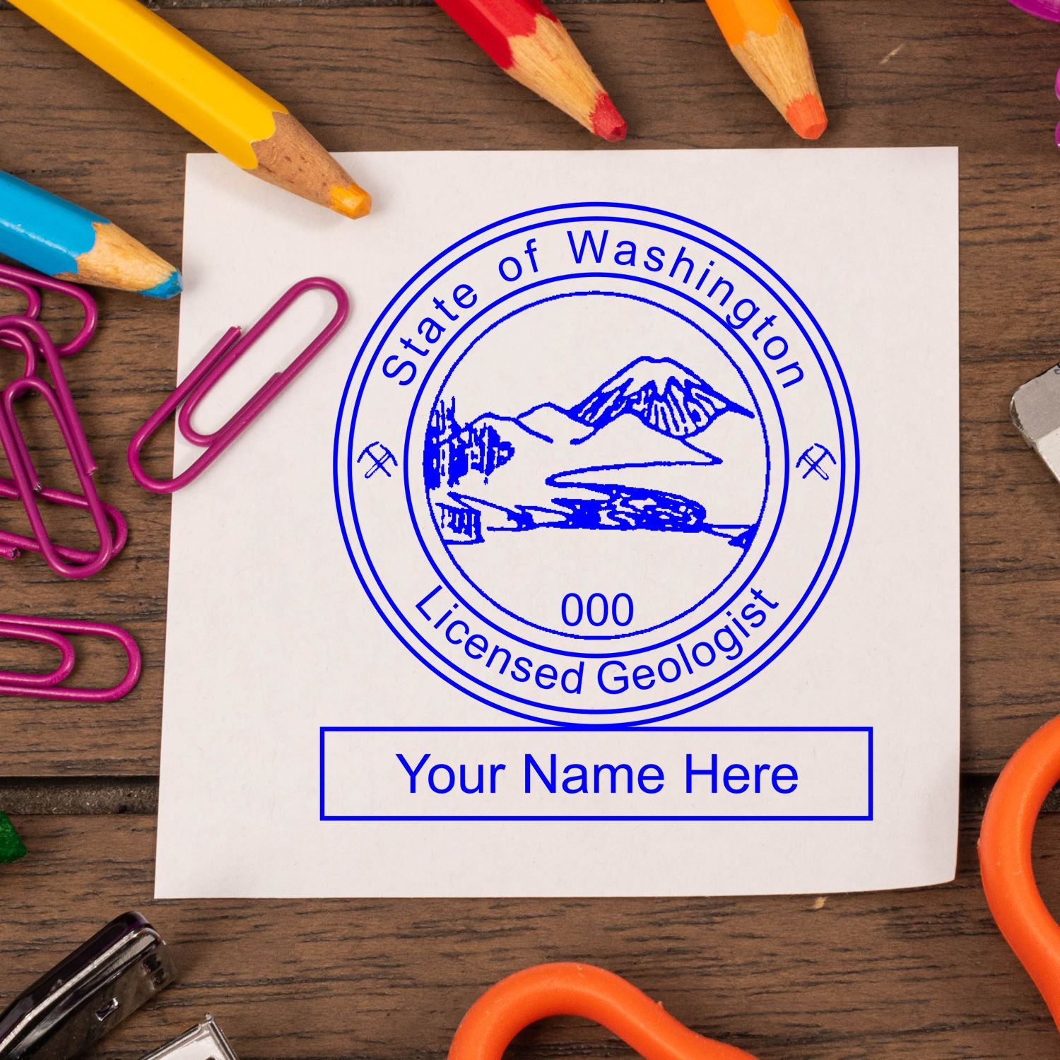 The Slim Pre-Inked Washington Professional Geologist Seal Stamp stamp impression comes to life with a crisp, detailed image stamped on paper - showcasing true professional quality.