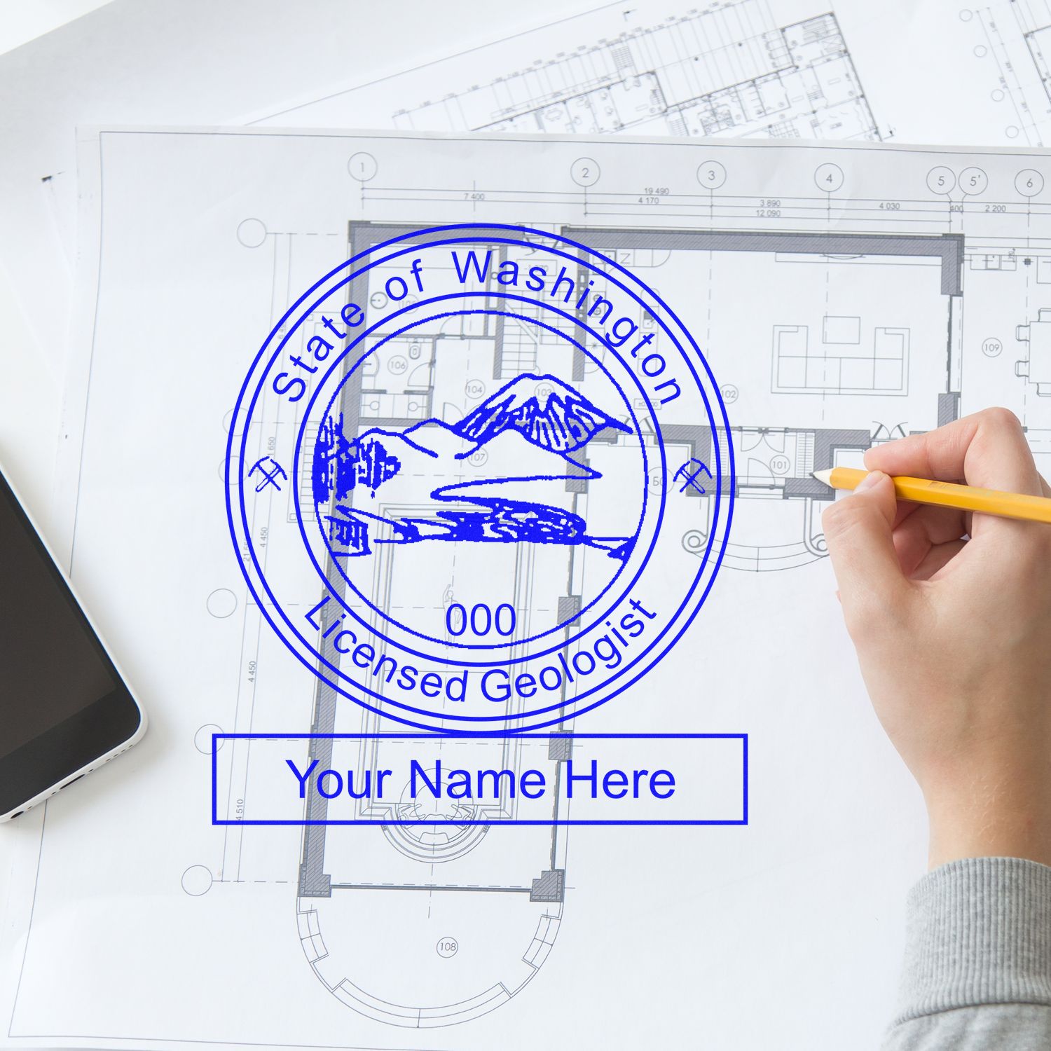 An alternative view of the Digital Washington Geologist Stamp, Electronic Seal for Washington Geologist stamped on a sheet of paper showing the image in use