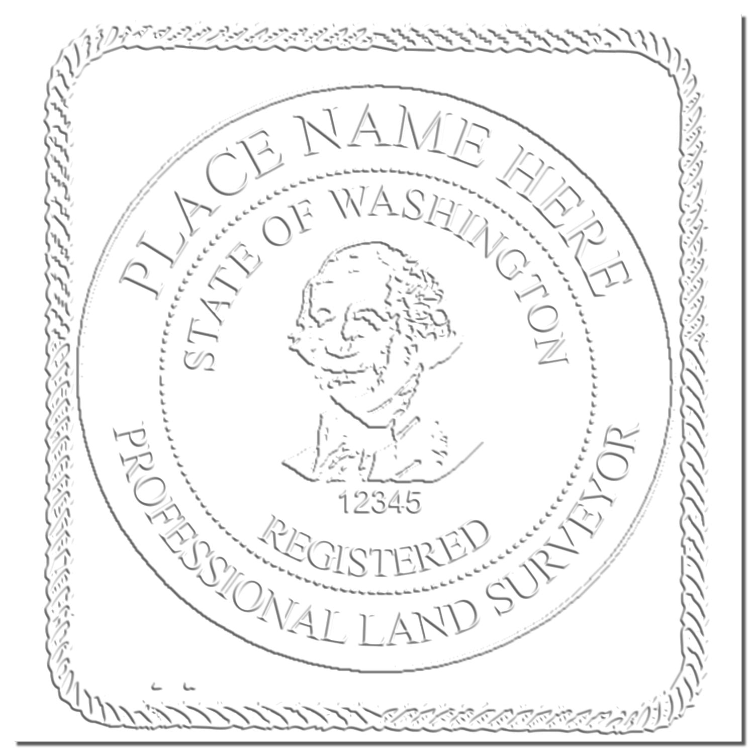 This paper is stamped with a sample imprint of the Extended Long Reach Washington Surveyor Embosser, signifying its quality and reliability.