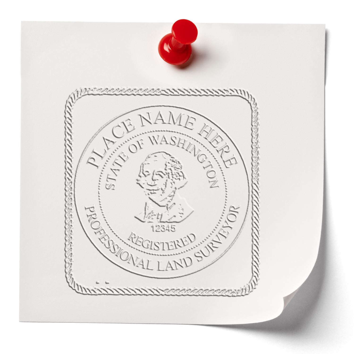 A stamped impression of the Long Reach Washington Land Surveyor Seal in this stylish lifestyle photo, setting the tone for a unique and personalized product.