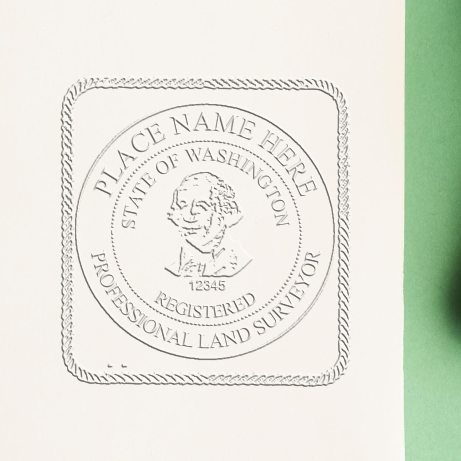 The Long Reach Washington Land Surveyor Seal stamp impression comes to life with a crisp, detailed photo on paper - showcasing true professional quality.