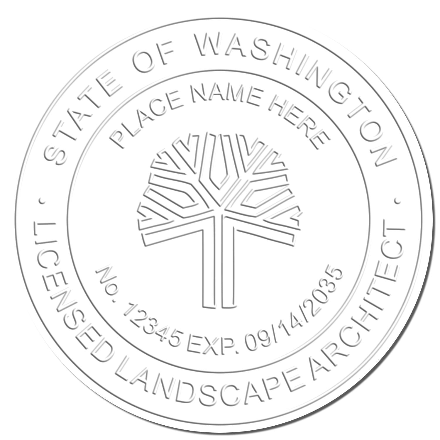 This paper is stamped with a sample imprint of the State of Washington Extended Long Reach Landscape Architect Seal Embosser, signifying its quality and reliability.