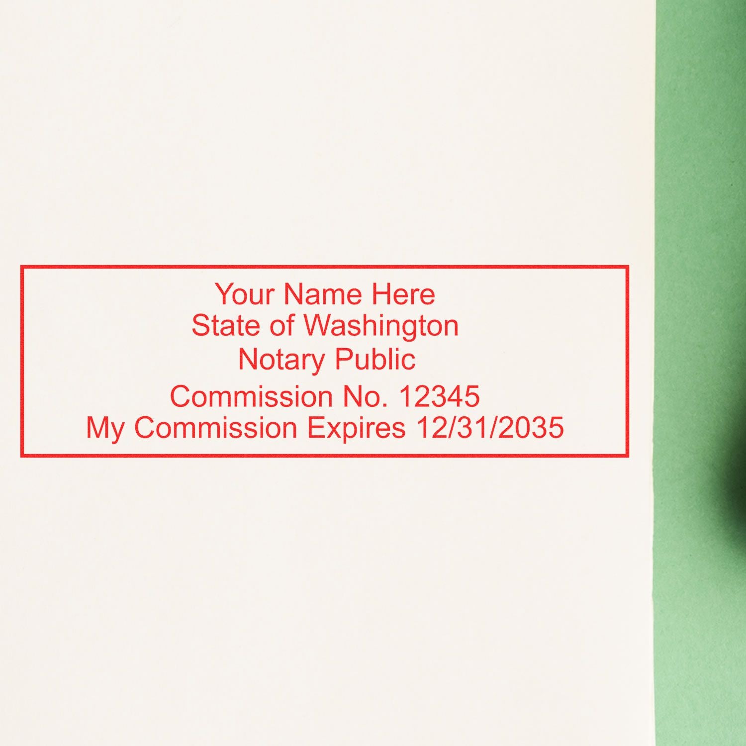 Another Example of a stamped impression of the Super Slim Washington Notary Public Stamp on a piece of office paper.