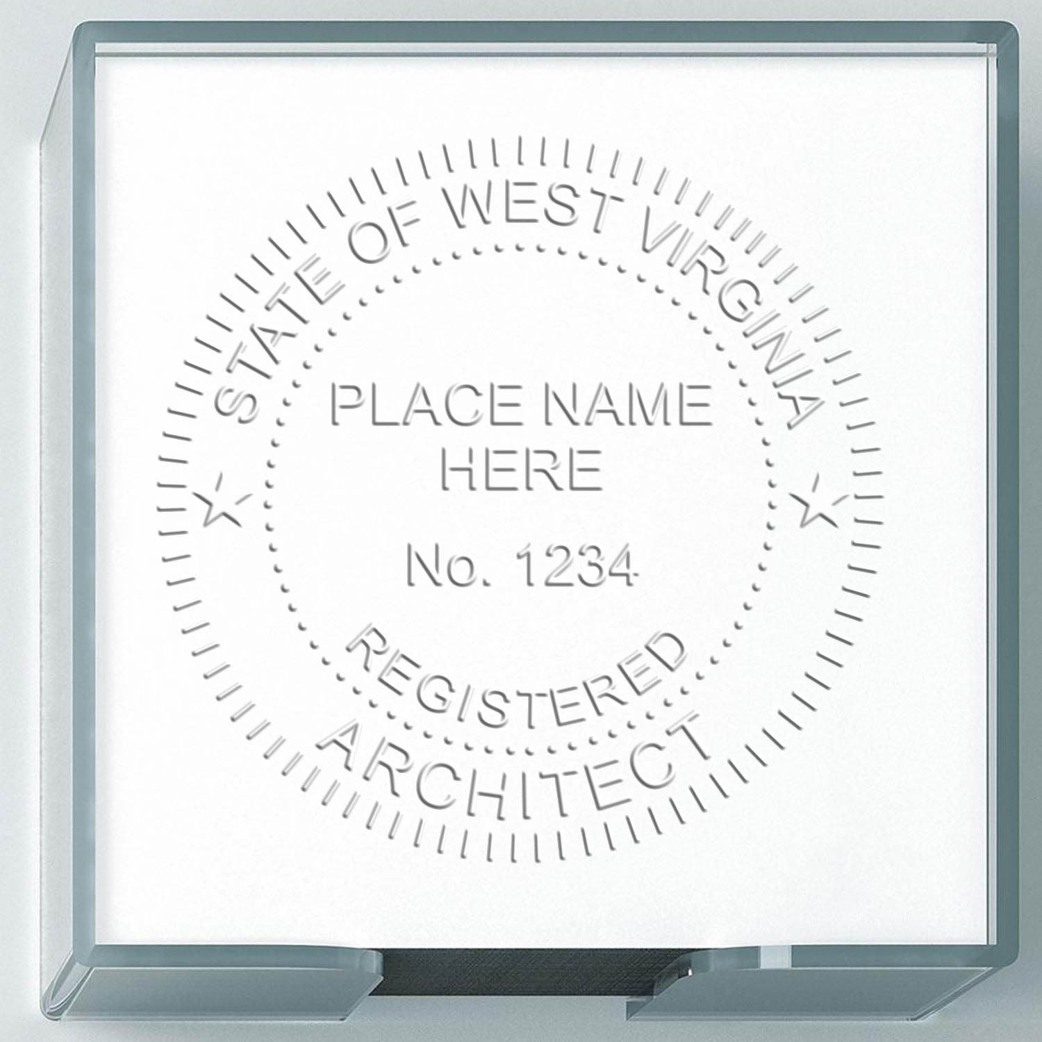A lifestyle photo showing a stamped image of the Handheld West Virginia Architect Seal Embosser on a piece of paper