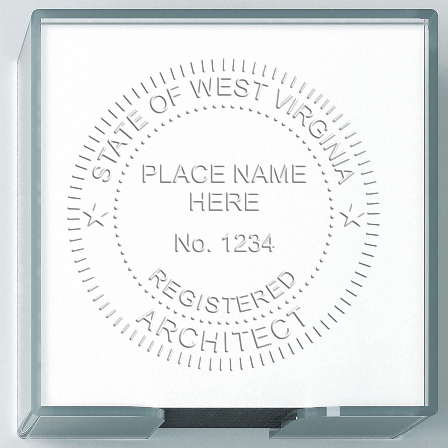 A stamped impression of the State of West Virginia Architectural Seal Embosser in this stylish lifestyle photo, setting the tone for a unique and personalized product.