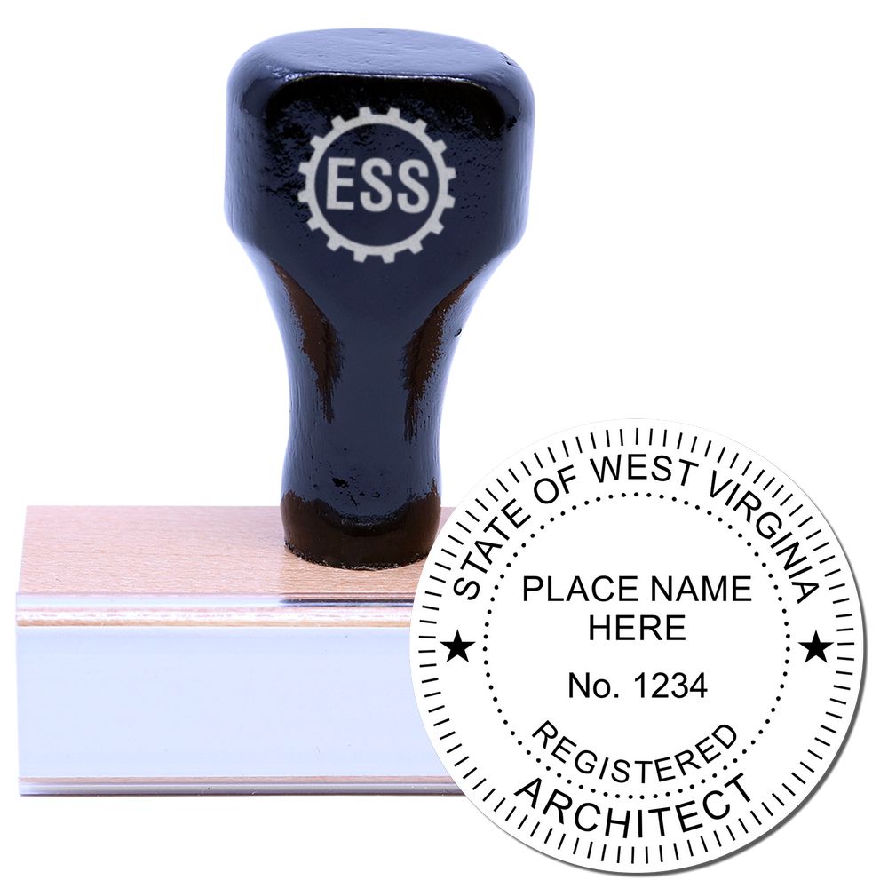 West Virginia Architect Seal Stamp with wooden handle and rubber base, featuring the official state seal for registered architects.