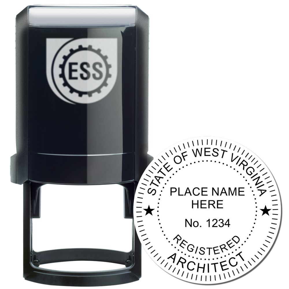 Self Inking West Virginia Architect Stamp with a black casing and a round imprint displaying State of West Virginia Registered Architect.