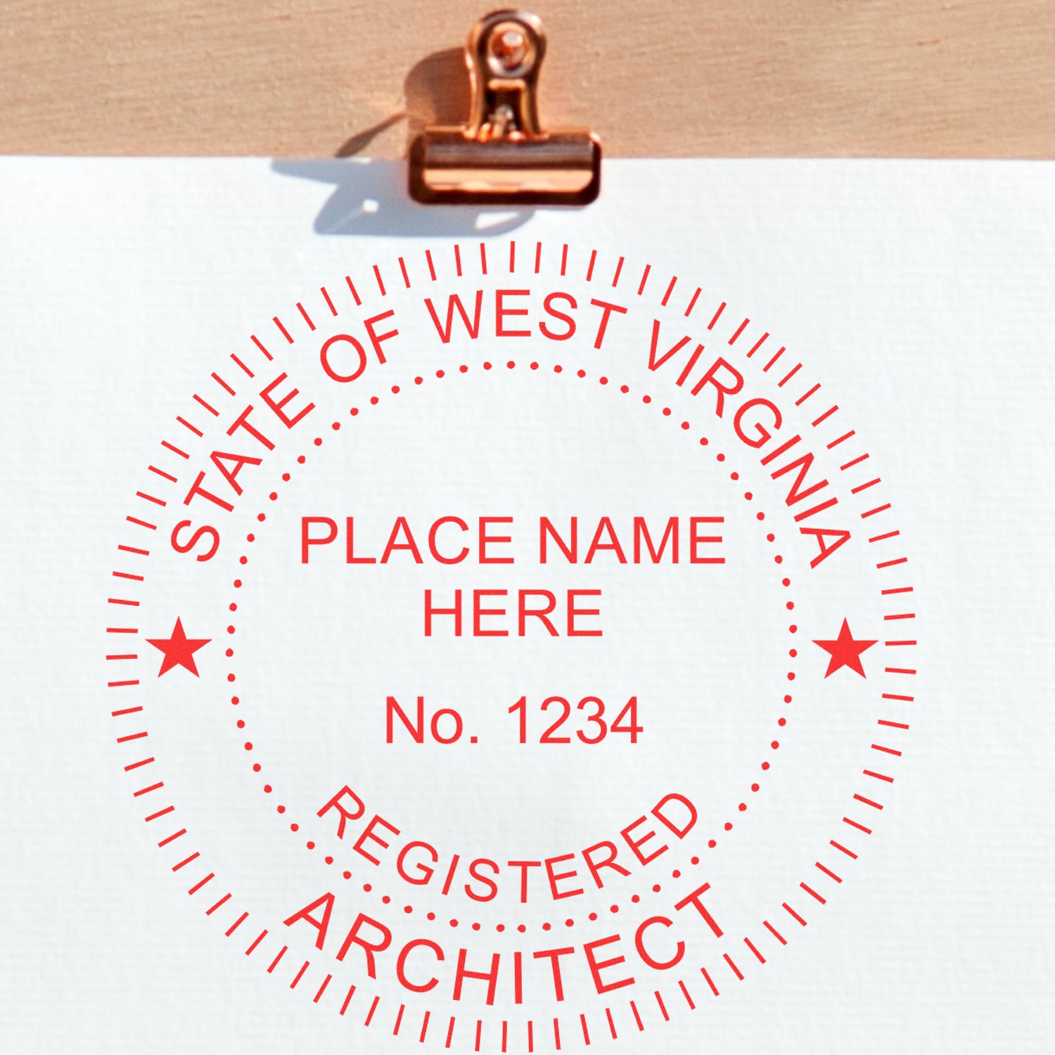 Red West Virginia Architect Seal Stamp on white paper clipped to a wooden board, with space for name and registration number.