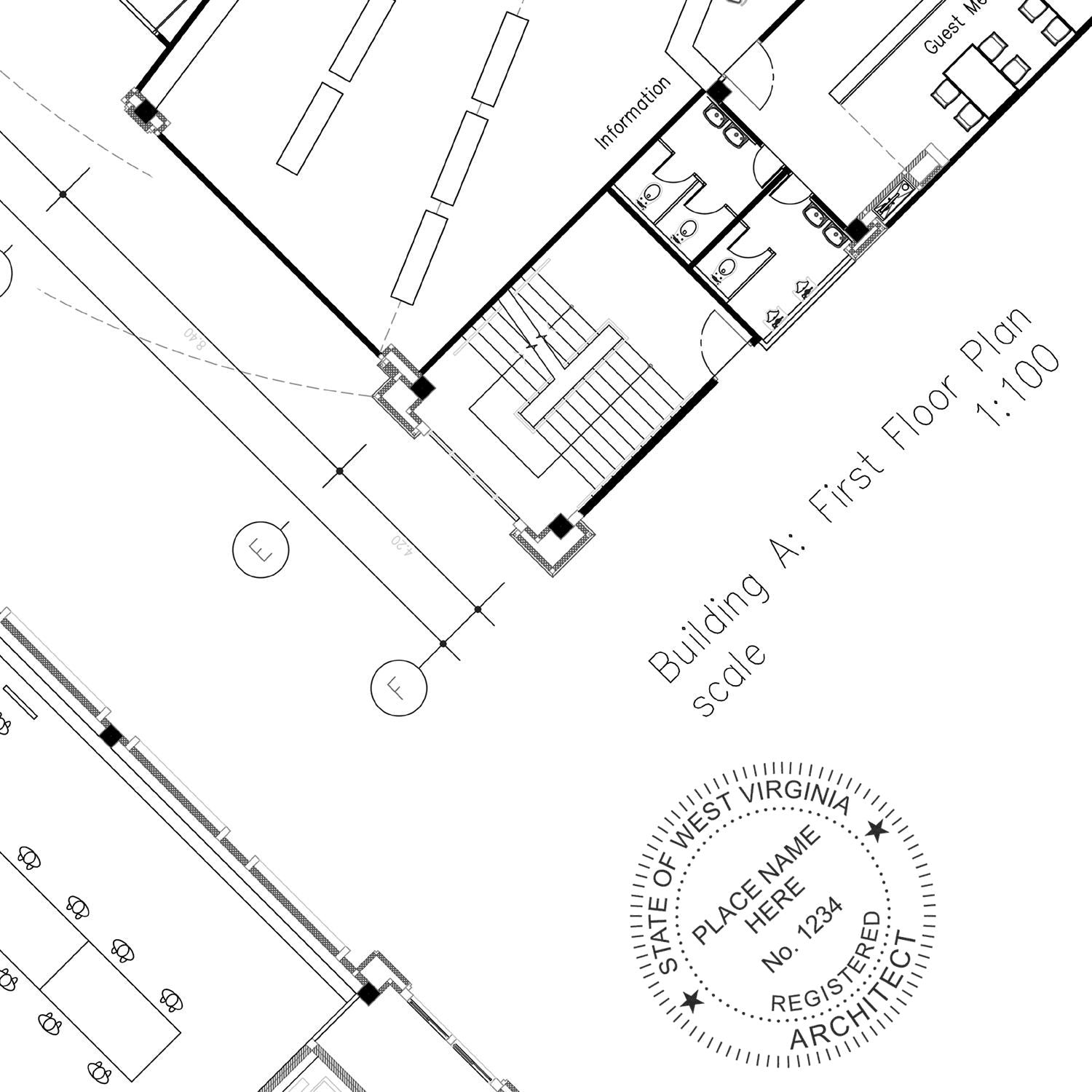 Architectural floor plan with a West Virginia Architect Seal Stamp in the bottom right corner, displaying registration details.