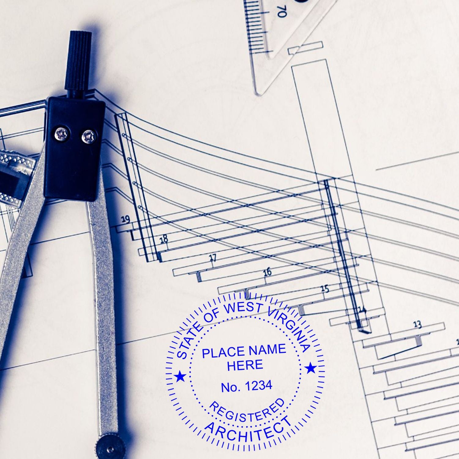 West Virginia Architect Seal Stamp on architectural blueprint with a compass and ruler in the background.