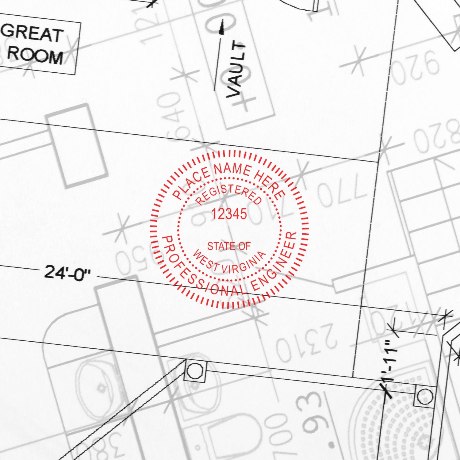 A photograph of the West Virginia Professional Engineer Seal Stamp stamp impression reveals a vivid, professional image of the on paper.