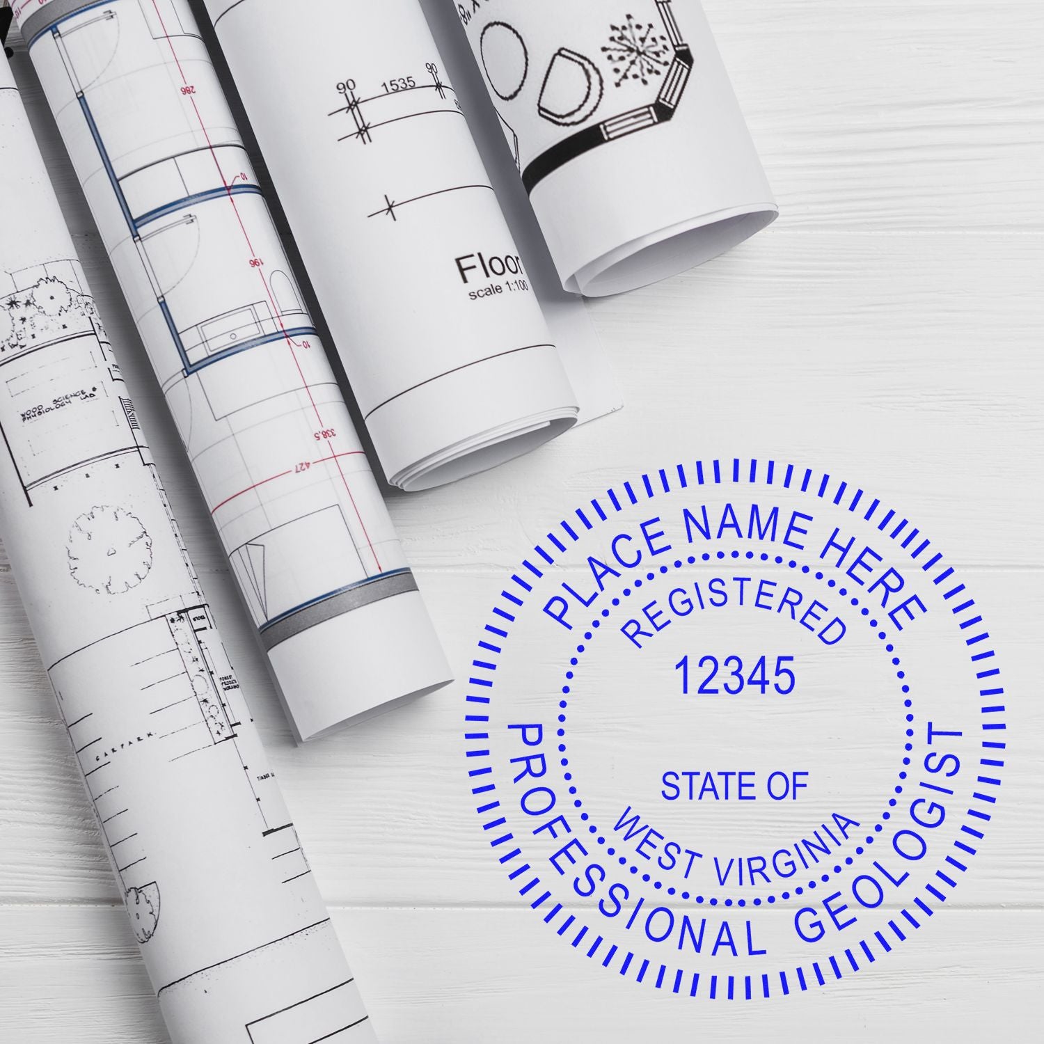An alternative view of the West Virginia Professional Geologist Seal Stamp stamped on a sheet of paper showing the image in use
