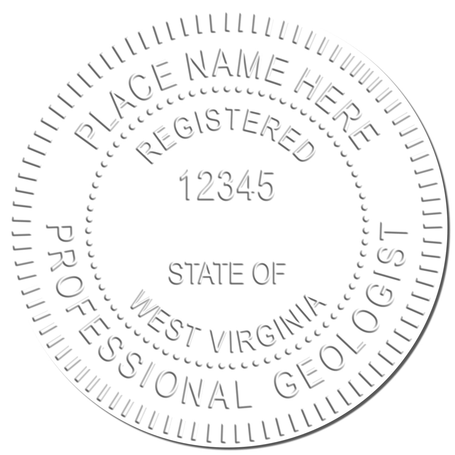 A photograph of the State of West Virginia Extended Long Reach Geologist Seal stamp impression reveals a vivid, professional image of the on paper.