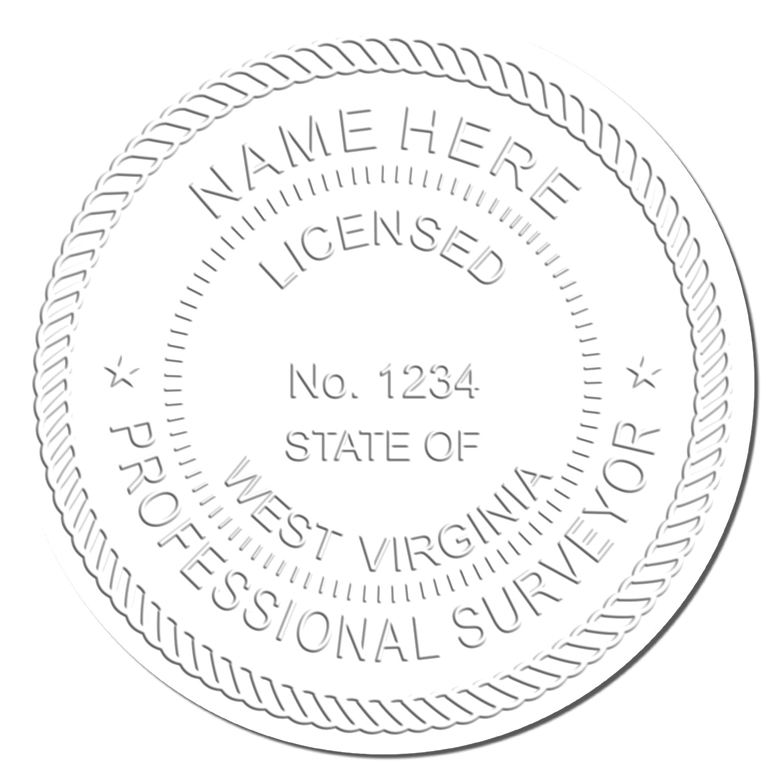 This paper is stamped with a sample imprint of the Extended Long Reach West Virginia Surveyor Embosser, signifying its quality and reliability.