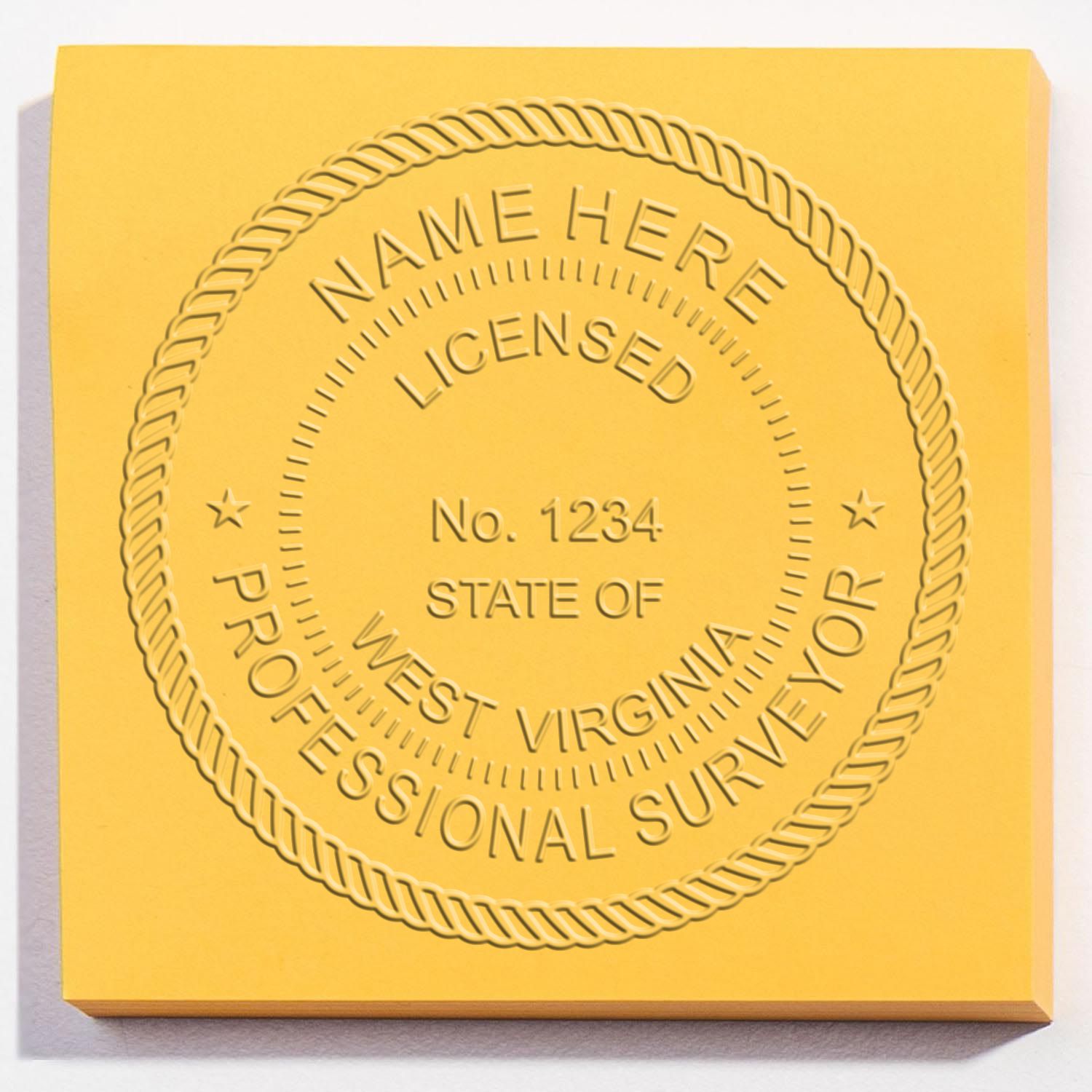 The Long Reach West Virginia Land Surveyor Seal stamp impression comes to life with a crisp, detailed photo on paper - showcasing true professional quality.