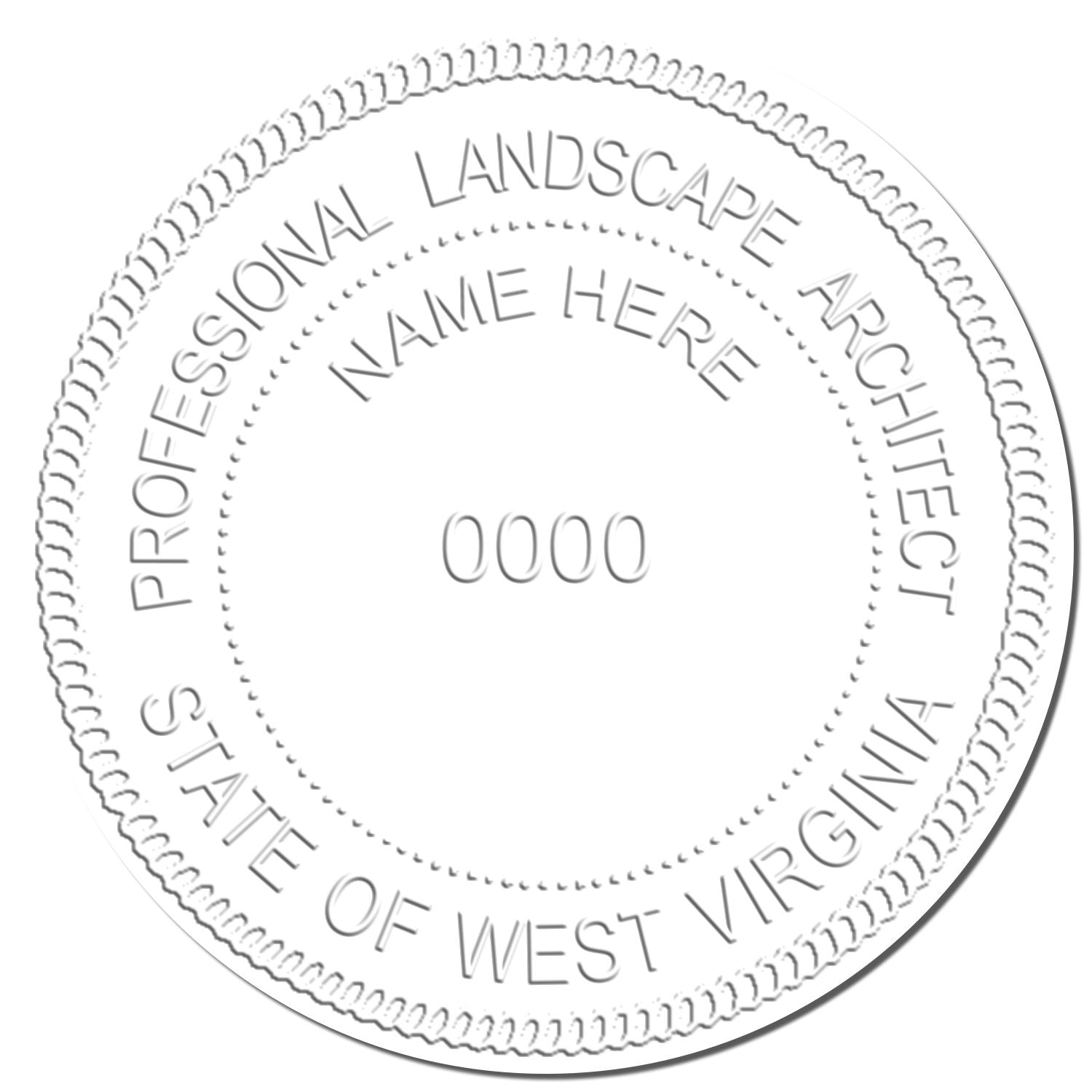 This paper is stamped with a sample imprint of the West Virginia Long Reach Landscape Architect Embossing Stamp, signifying its quality and reliability.