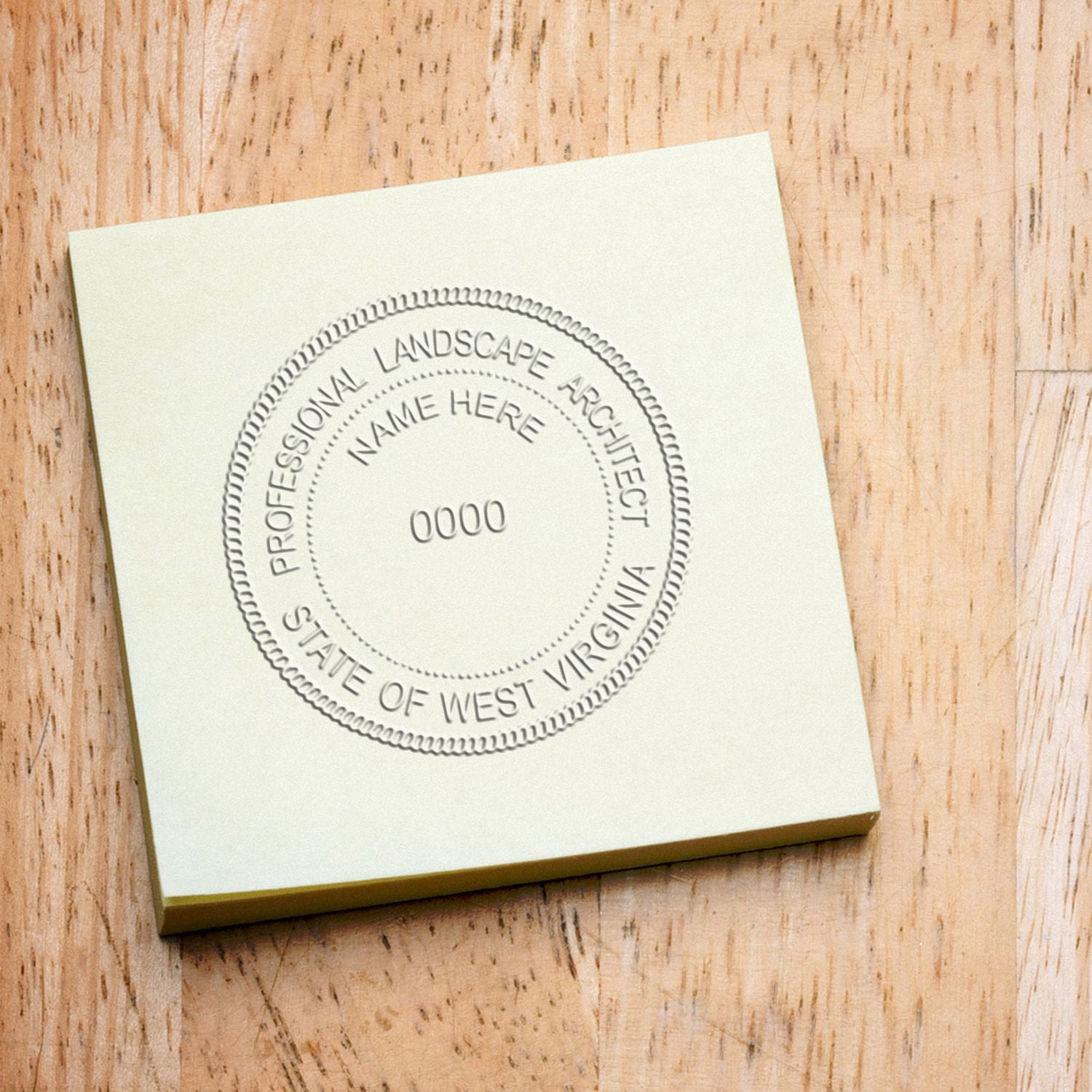 A photograph of the State of West Virginia Extended Long Reach Landscape Architect Seal Embosser stamp impression reveals a vivid, professional image of the on paper.