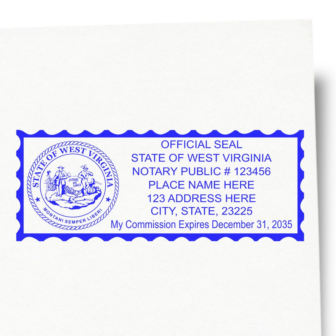 An alternative view of the PSI West Virginia Notary Stamp stamped on a sheet of paper showing the image in use