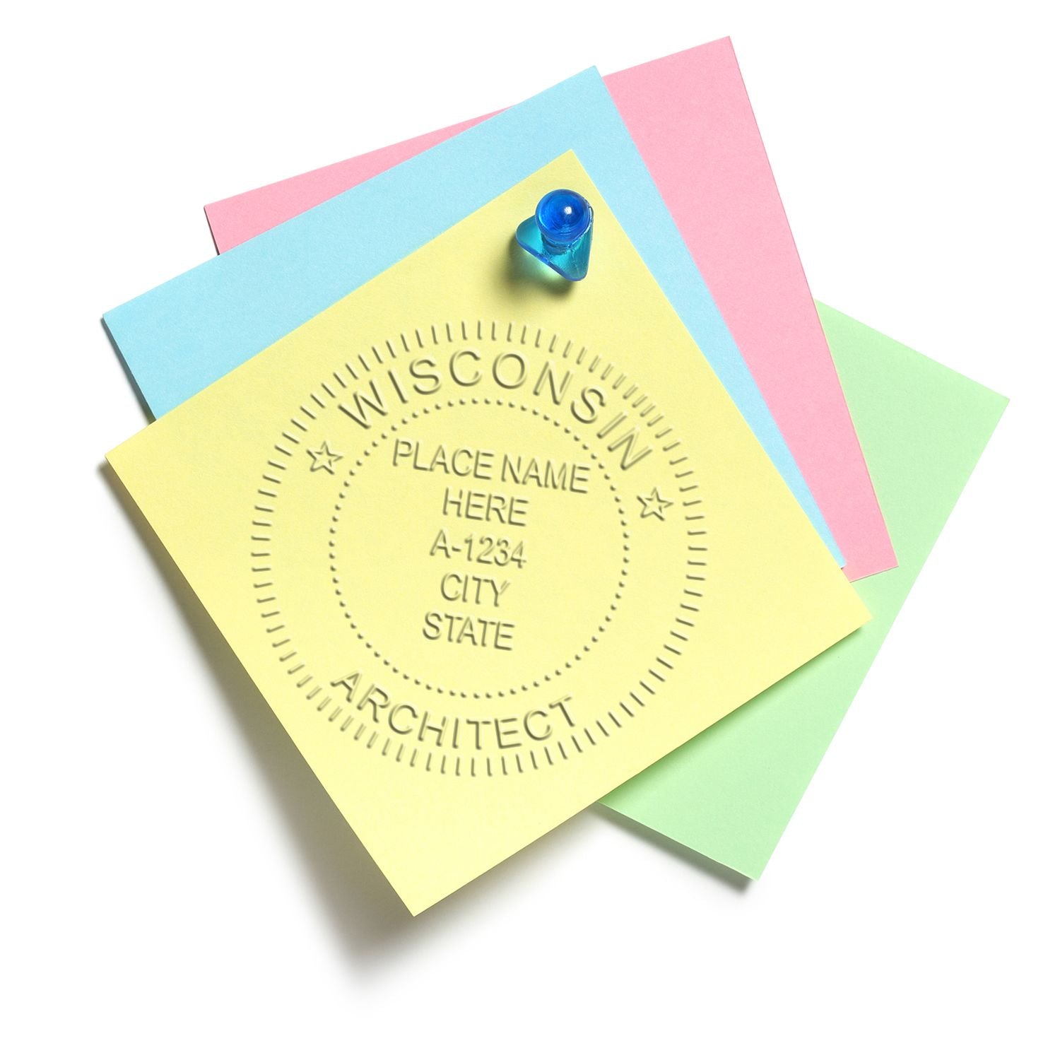 This paper is stamped with a sample imprint of the Handheld Wisconsin Architect Seal Embosser, signifying its quality and reliability.