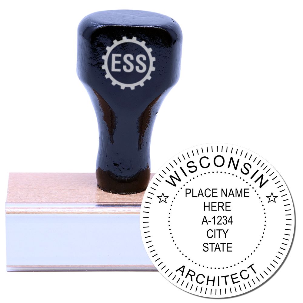 Wooden handle rubber stamp with ESS logo and a circular imprint reading Wisconsin Architect Seal Stamp with customizable text fields.