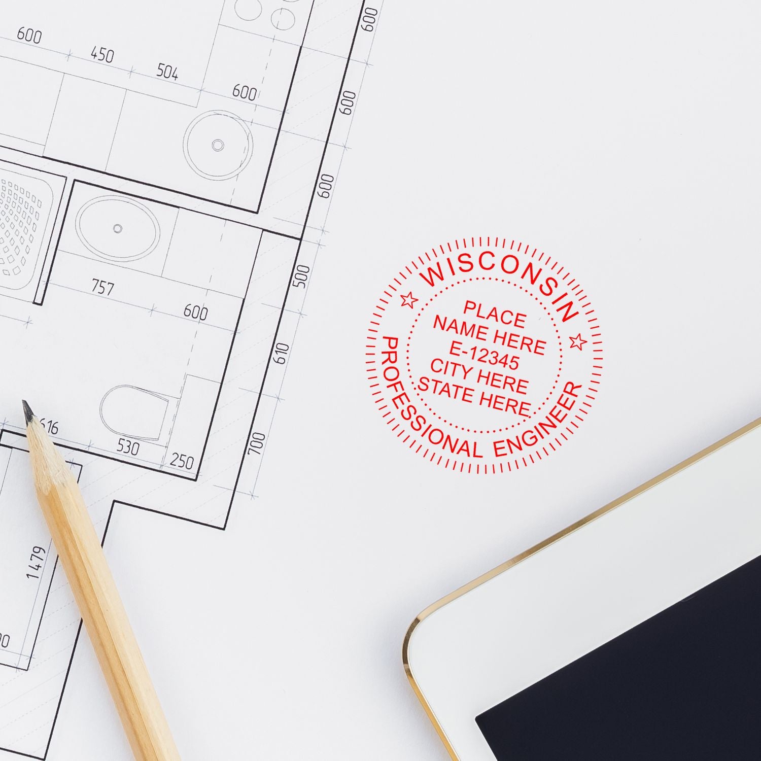 This paper is stamped with a sample imprint of the Digital Wisconsin PE Stamp and Electronic Seal for Wisconsin Engineer, signifying its quality and reliability.