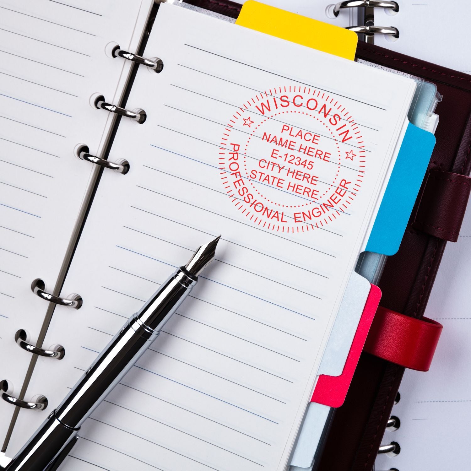 A photograph of the Wisconsin Professional Engineer Seal Stamp stamp impression reveals a vivid, professional image of the on paper.