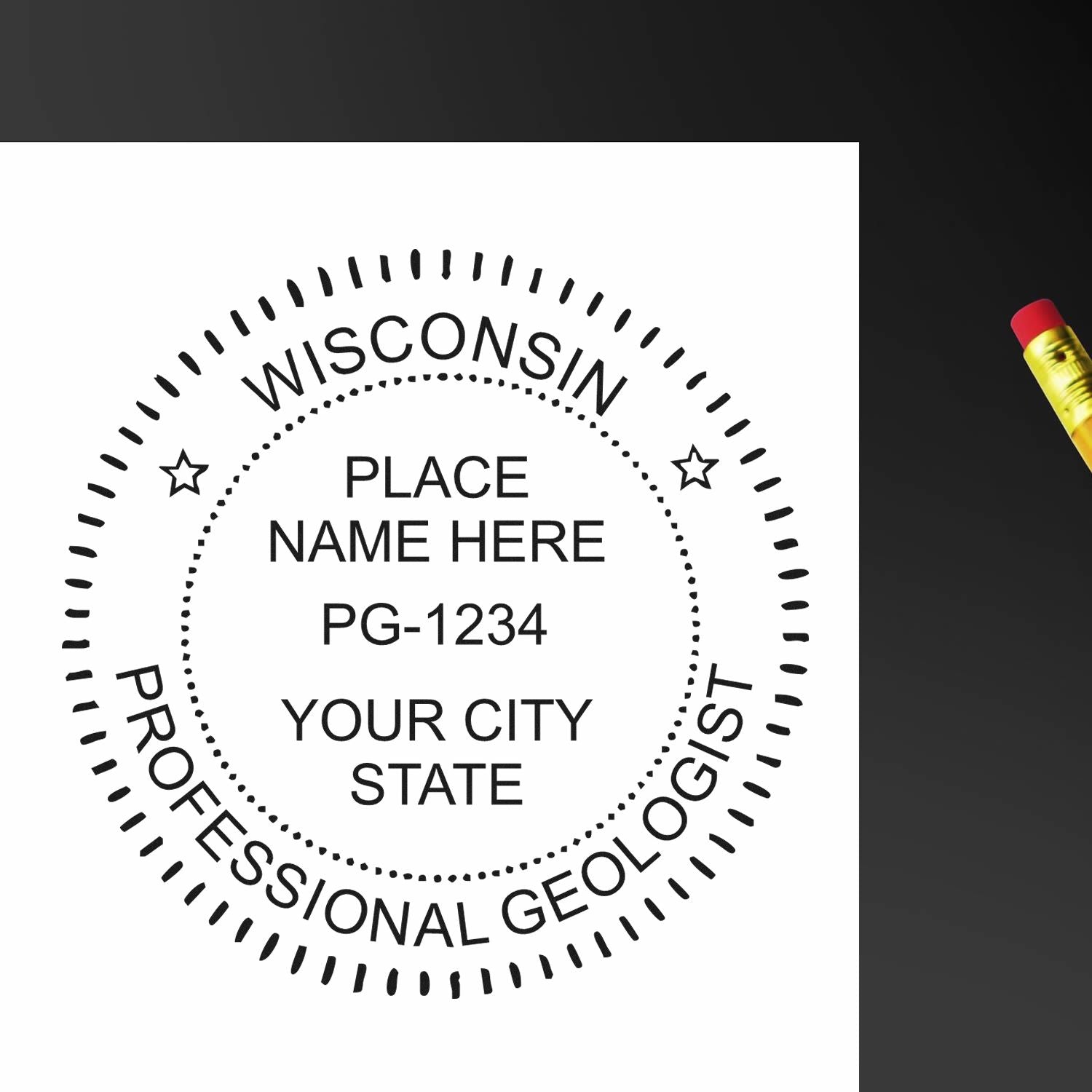 An in use photo of the Self-Inking Wisconsin Geologist Stamp showing a sample imprint on a cardstock