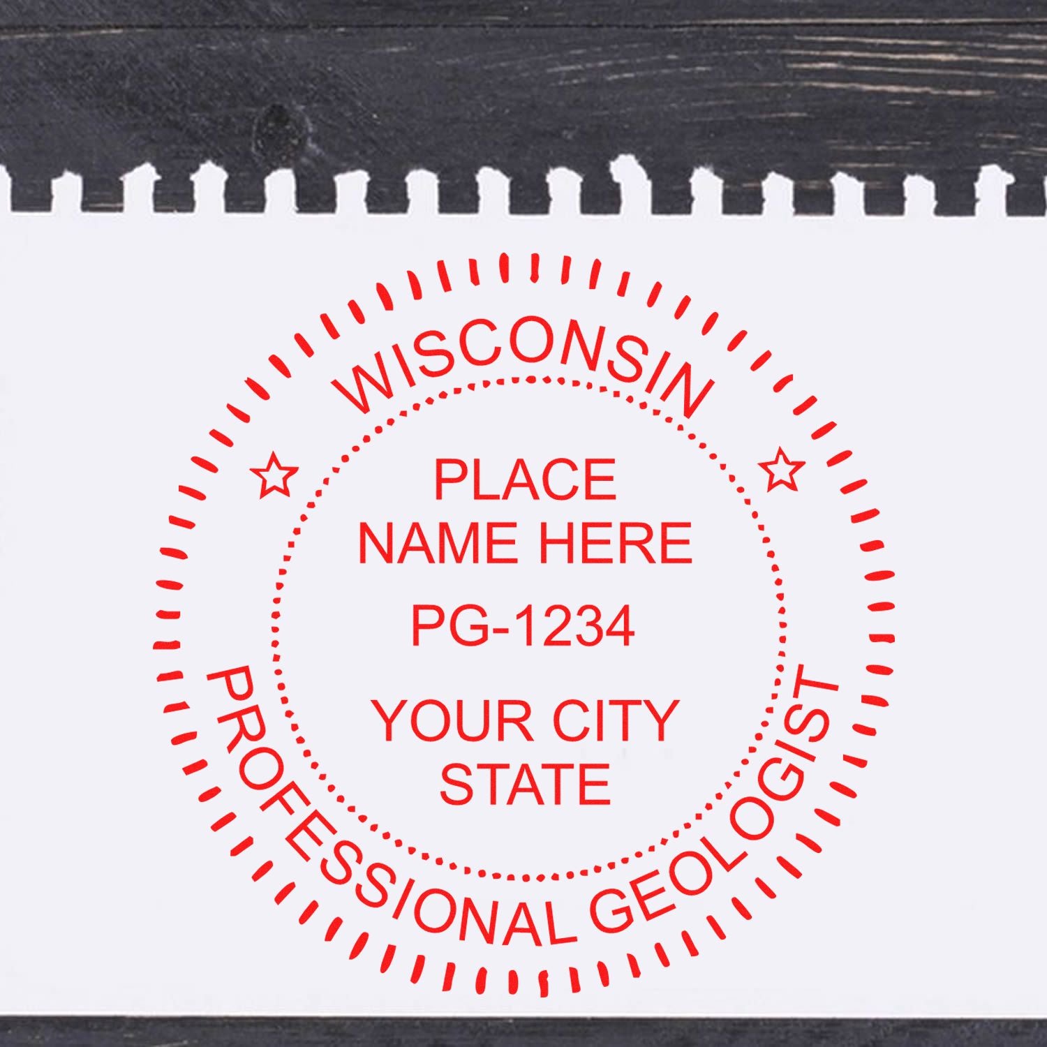 An in use photo of the Wisconsin Professional Geologist Seal Stamp showing a sample imprint on a cardstock