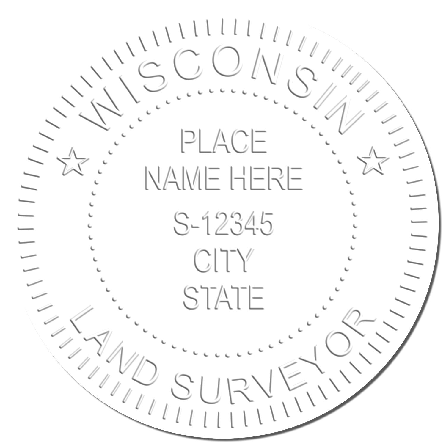 This paper is stamped with a sample imprint of the State of Wisconsin Soft Land Surveyor Embossing Seal, signifying its quality and reliability.