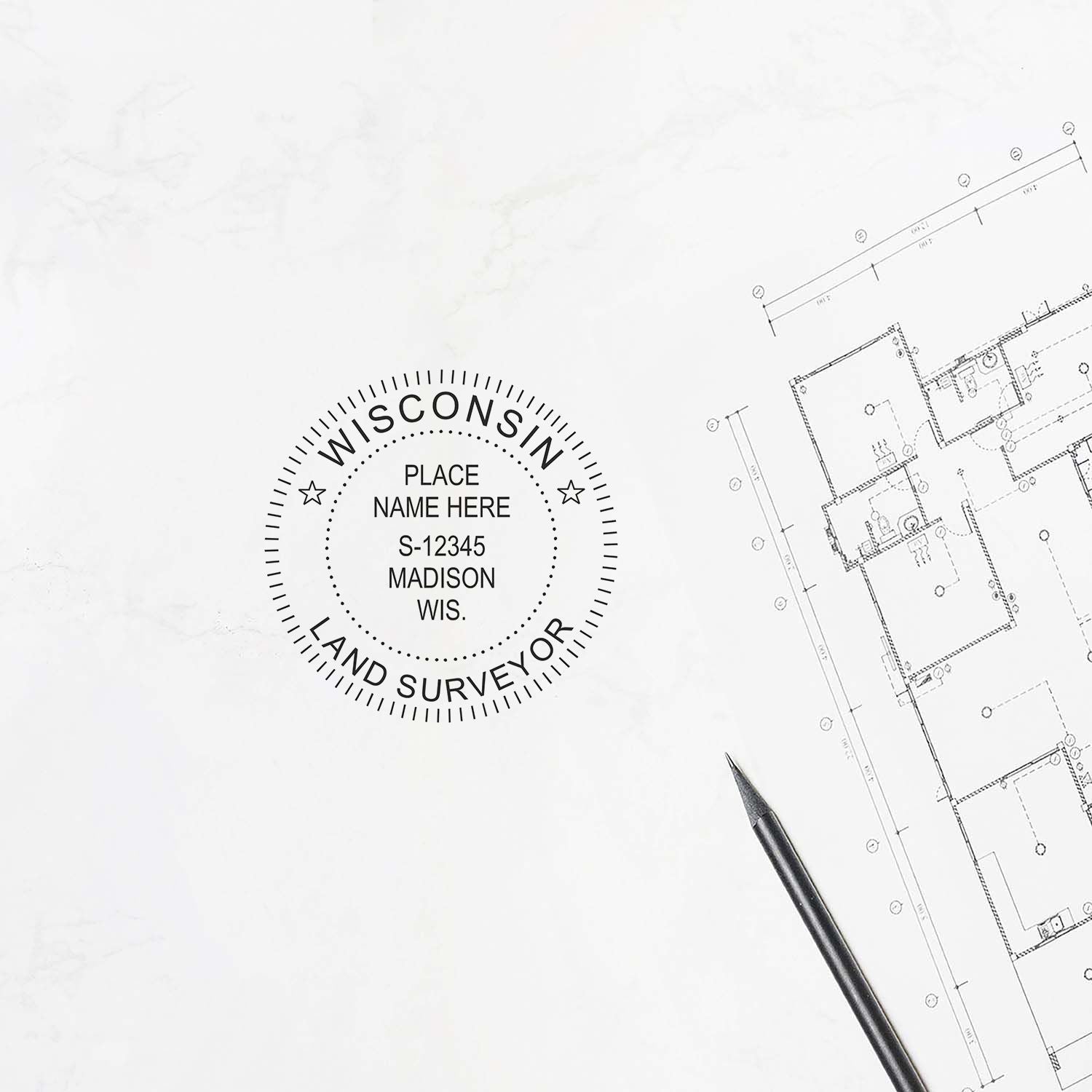 Digital Wisconsin Land Surveyor Stamp, Electronic Seal for Wisconsin Land Surveyor, shown on a blueprint with a pen nearby.