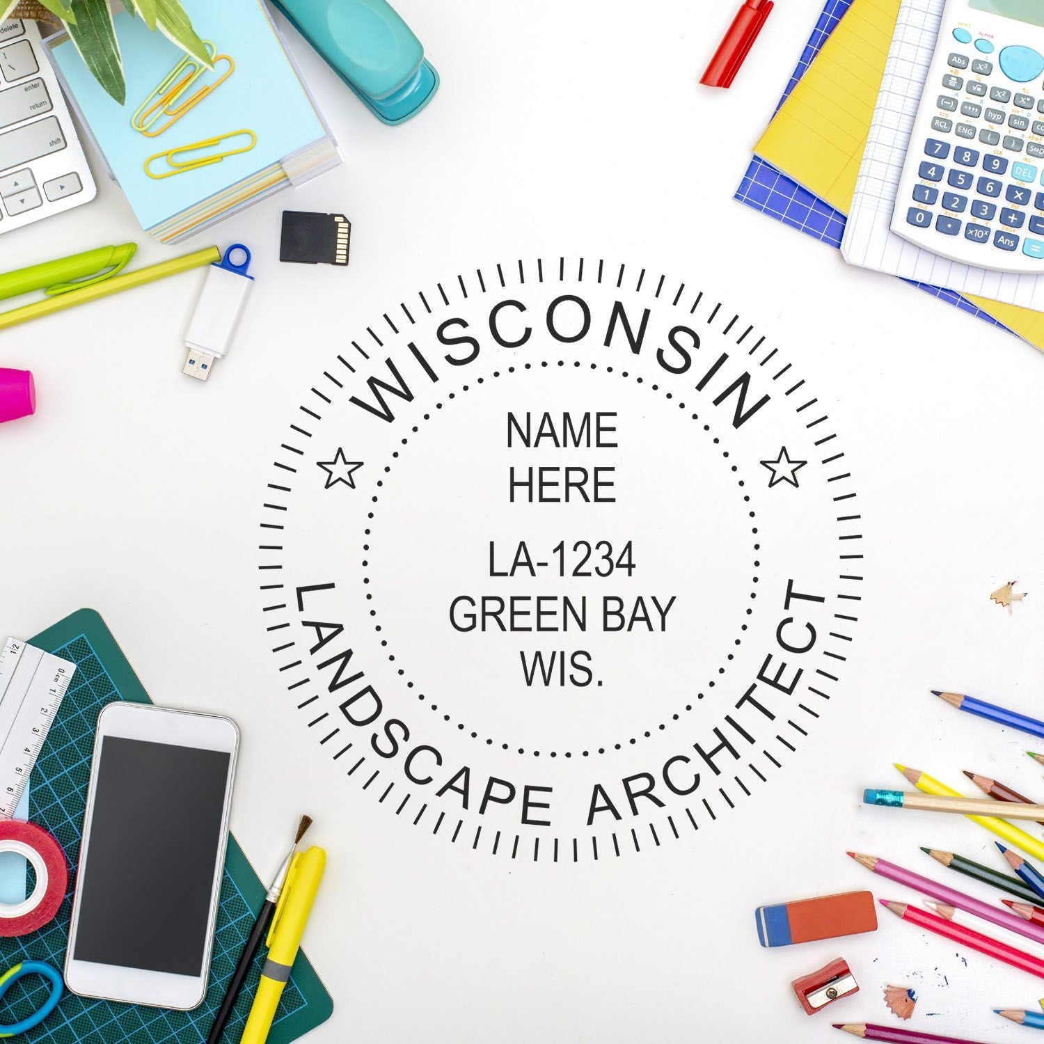 A photograph of the Self-Inking Wisconsin Landscape Architect Stamp stamp impression reveals a vivid, professional image of the on paper.