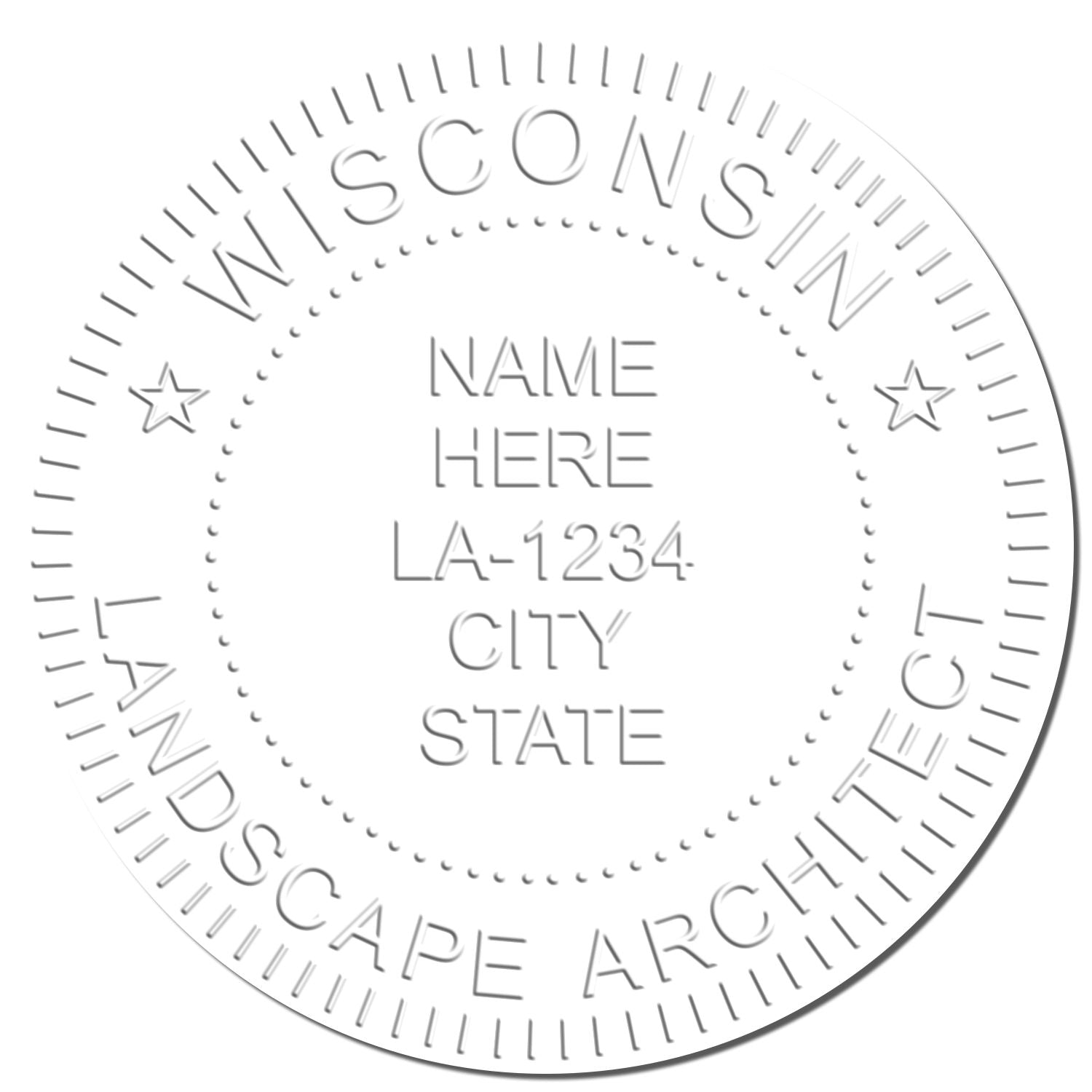 This paper is stamped with a sample imprint of the Wisconsin Long Reach Landscape Architect Embossing Stamp, signifying its quality and reliability.