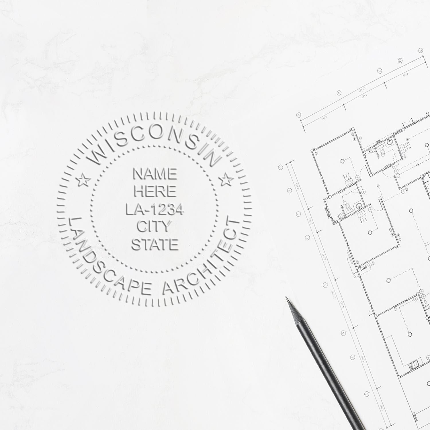 Another Example of a stamped impression of the Wisconsin Long Reach Landscape Architect Embossing Stamp on a piece of office paper.