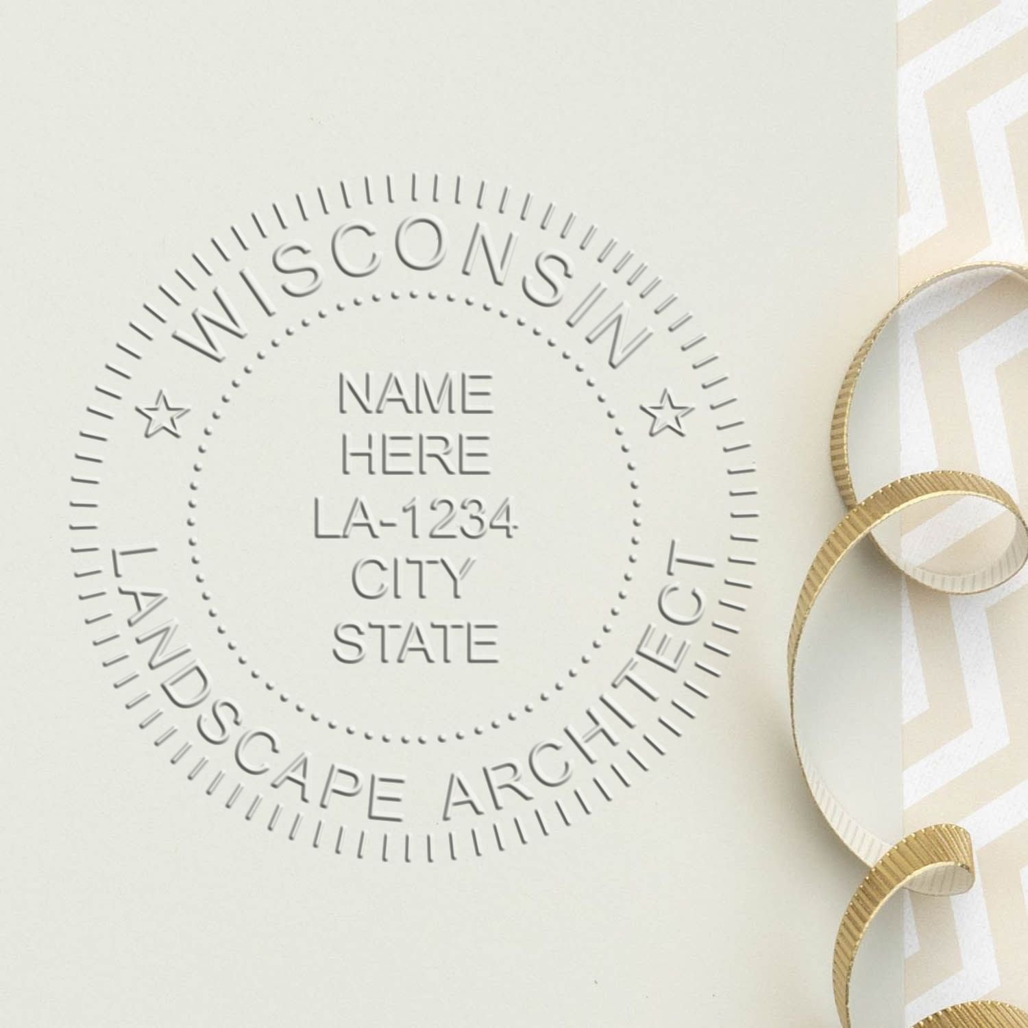 A photograph of the State of Wisconsin Handheld Landscape Architect Seal stamp impression reveals a vivid, professional image of the on paper.