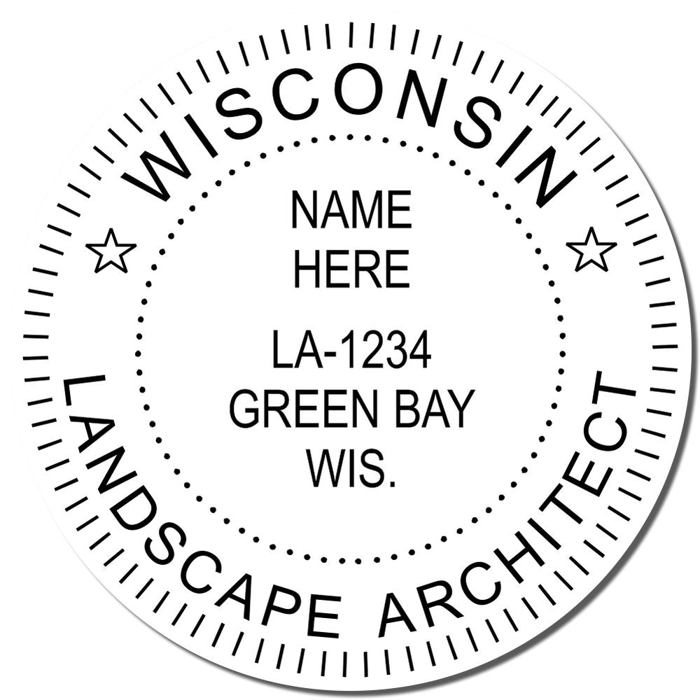 An alternative view of the Wisconsin Landscape Architectural Seal Stamp stamped on a sheet of paper showing the image in use