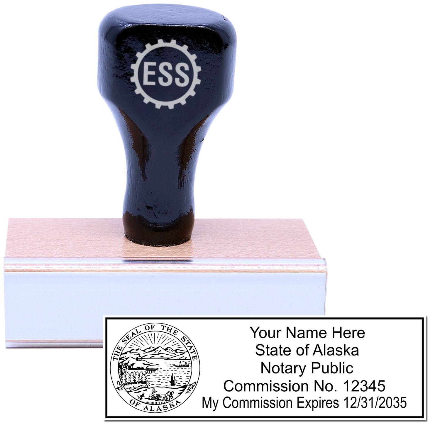 The main image for the Wooden Handle Alaska State Seal Notary Public Stamp depicting a sample of the imprint and electronic files