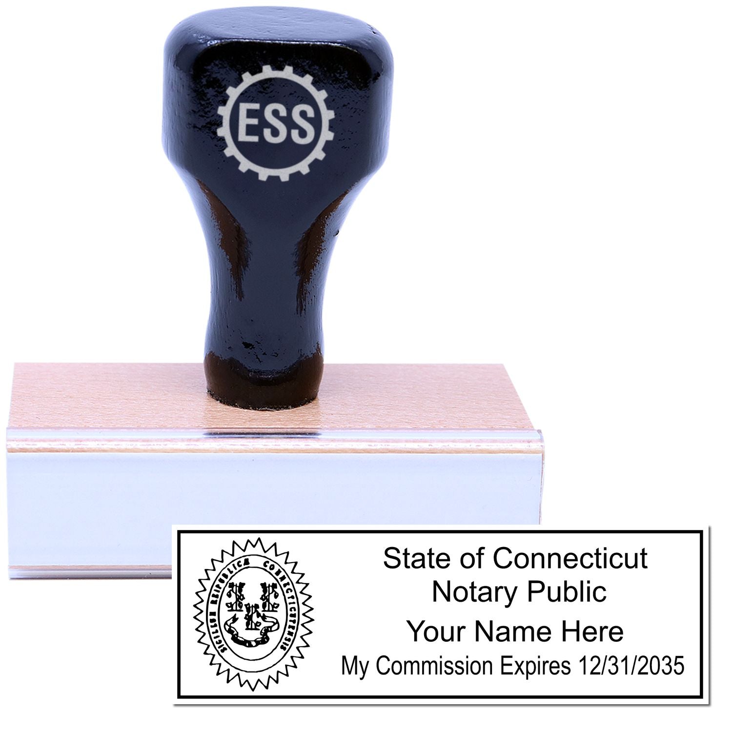 The main image for the Wooden Handle Connecticut State Seal Notary Public Stamp depicting a sample of the imprint and electronic files