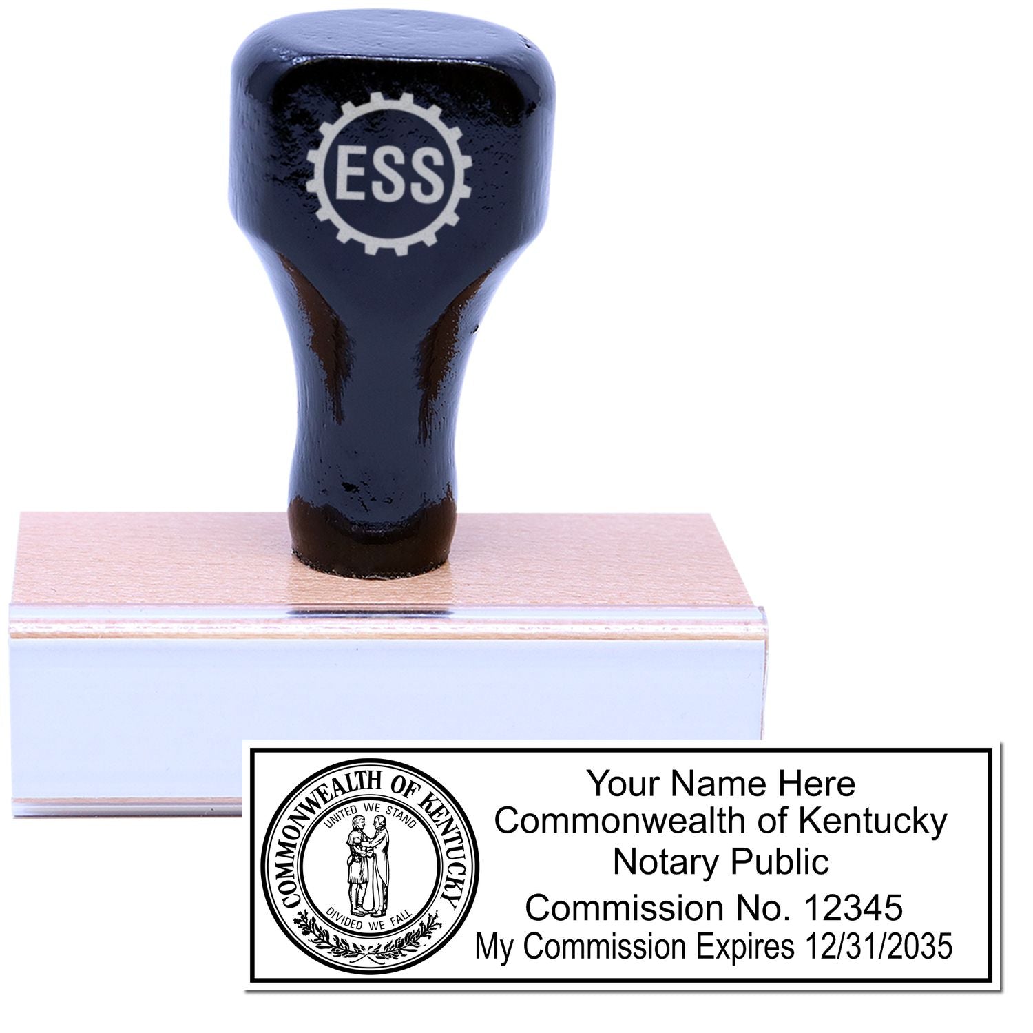 The main image for the Wooden Handle Kentucky State Seal Notary Public Stamp depicting a sample of the imprint and electronic files