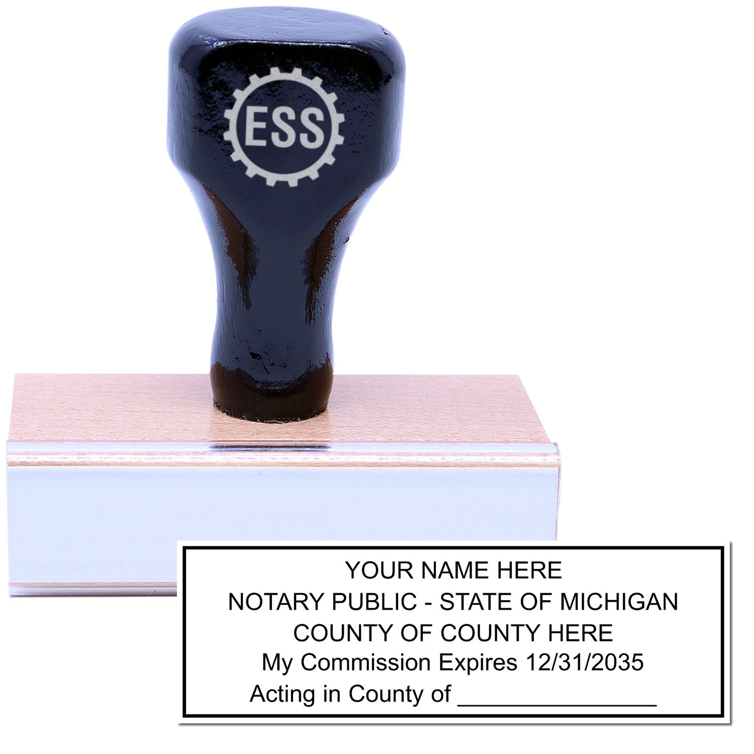 The main image for the Wooden Handle Michigan State Seal Notary Public Stamp depicting a sample of the imprint and electronic files