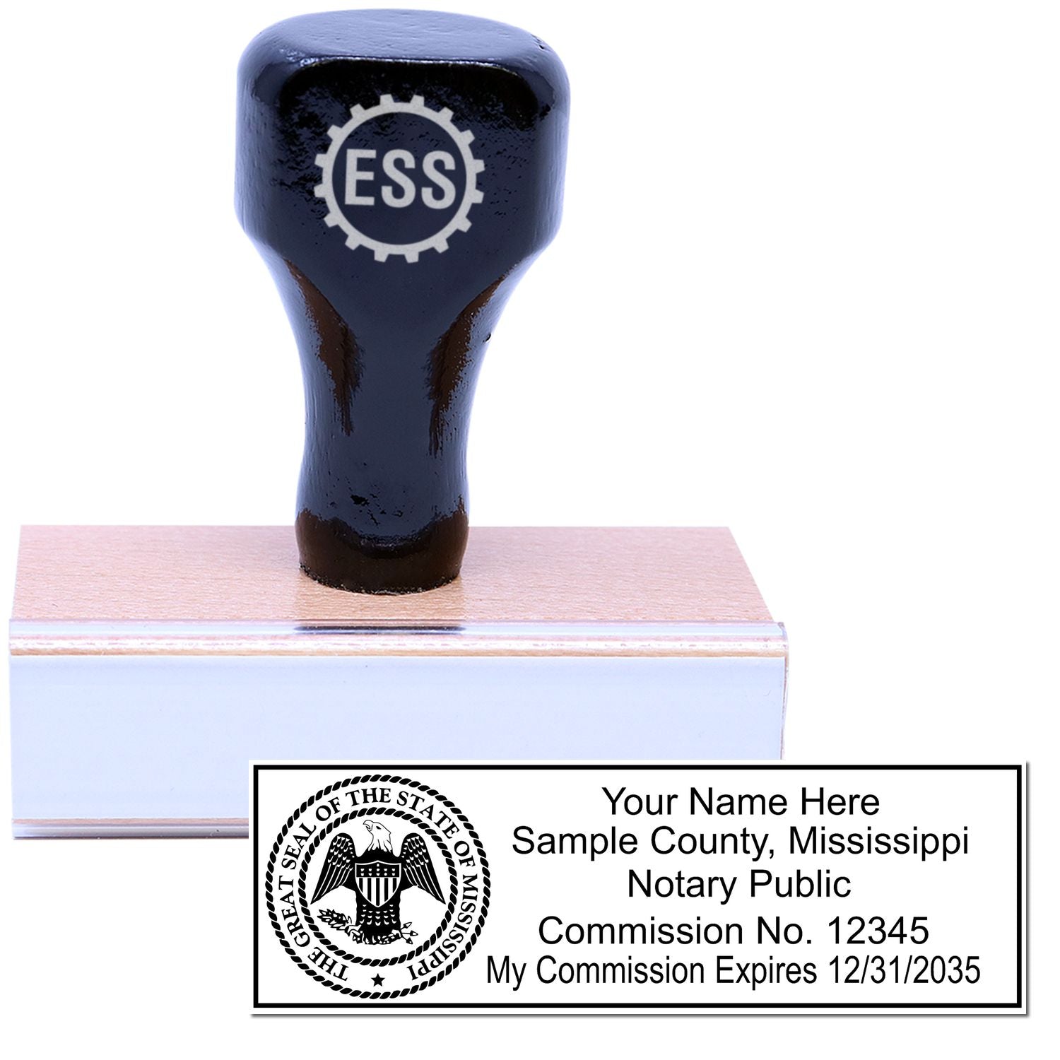 The main image for the Wooden Handle Mississippi State Seal Notary Public Stamp depicting a sample of the imprint and electronic files