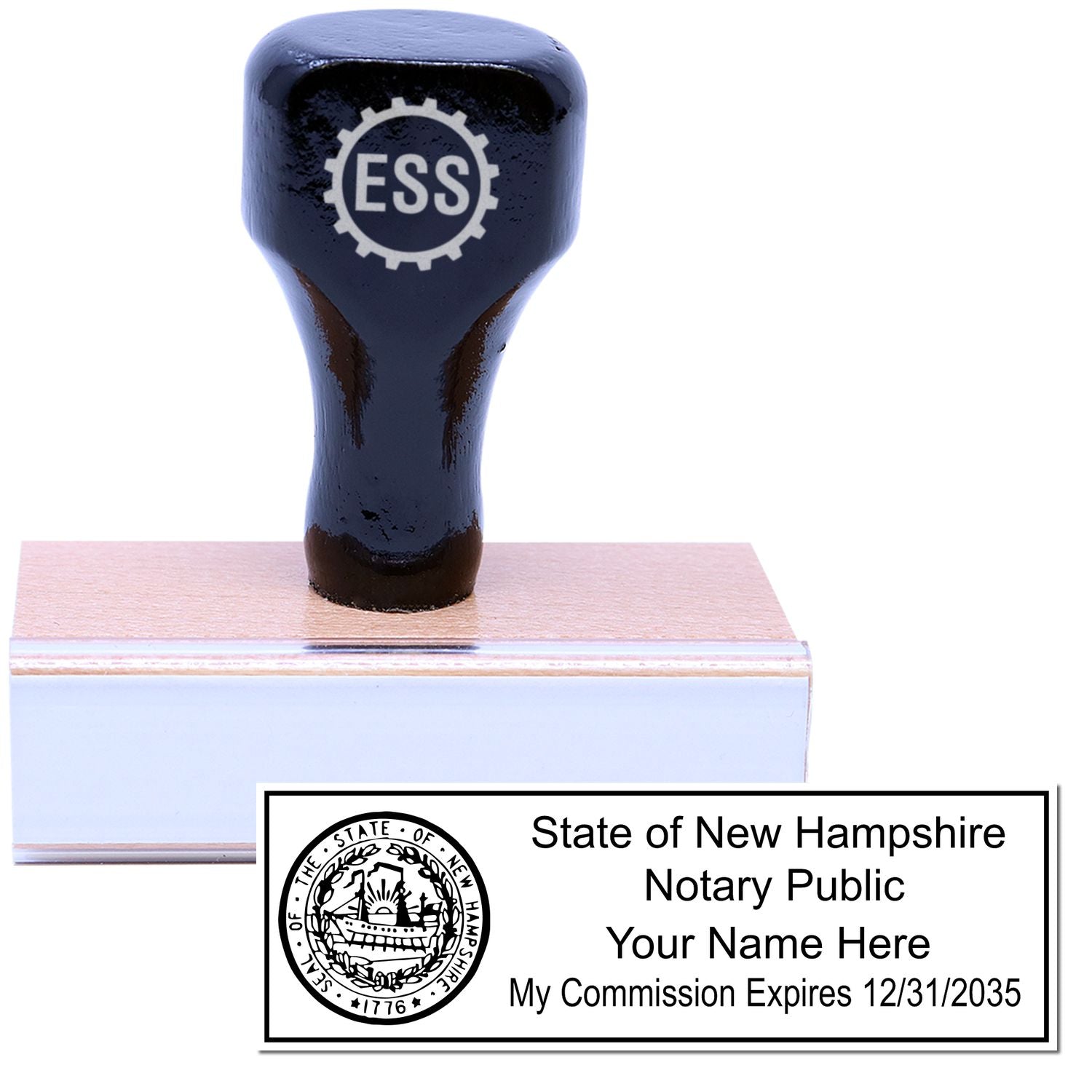 The main image for the Wooden Handle New Hampshire State Seal Notary Public Stamp depicting a sample of the imprint and electronic files