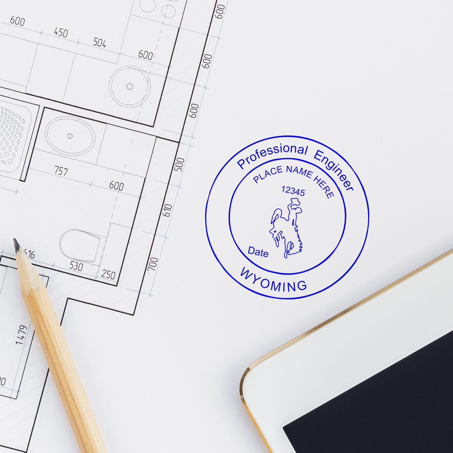 An alternative view of the Digital Wyoming PE Stamp and Electronic Seal for Wyoming Engineer stamped on a sheet of paper showing the image in use