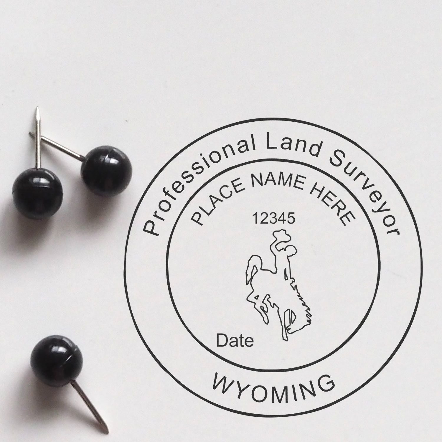 Digital Wyoming Land Surveyor Stamp, Electronic Seal for Wyoming Land Surveyor, displayed with push pins on a white background.