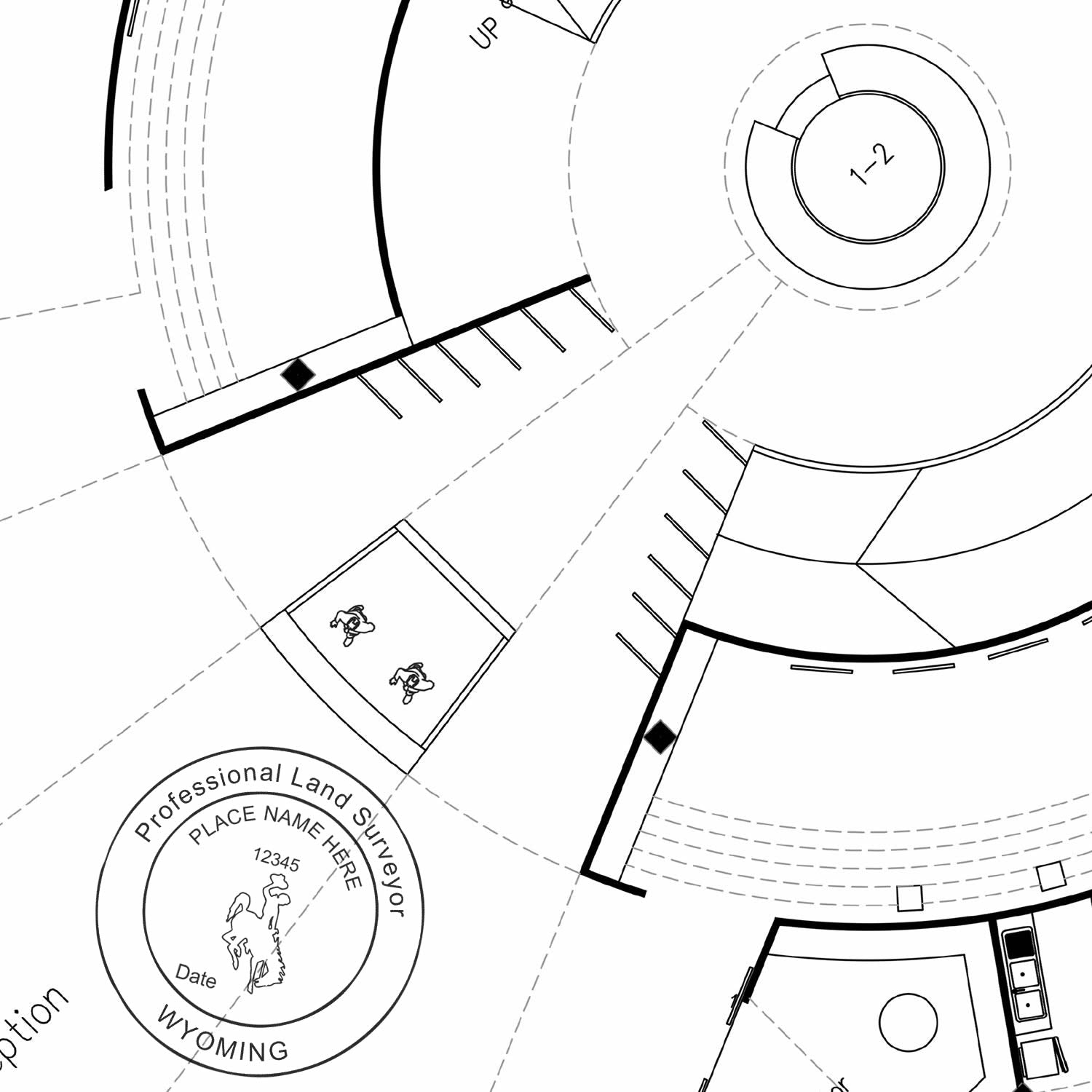 Wyoming Land Surveyor Seal Stamp, WY PLS Stamp, imprinted on a detailed architectural blueprint with various technical drawings.