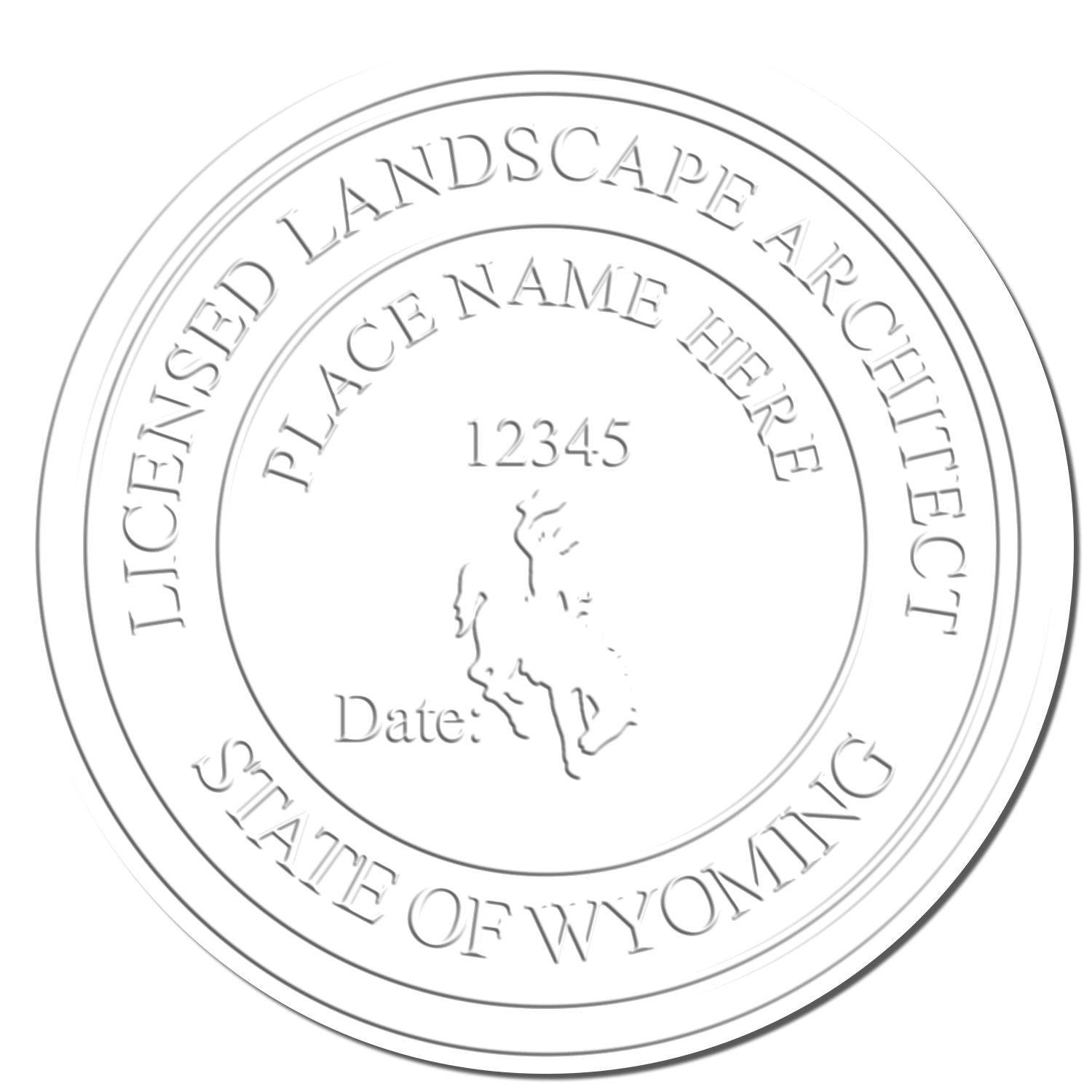 This paper is stamped with a sample imprint of the State of Wyoming Extended Long Reach Landscape Architect Seal Embosser, signifying its quality and reliability.