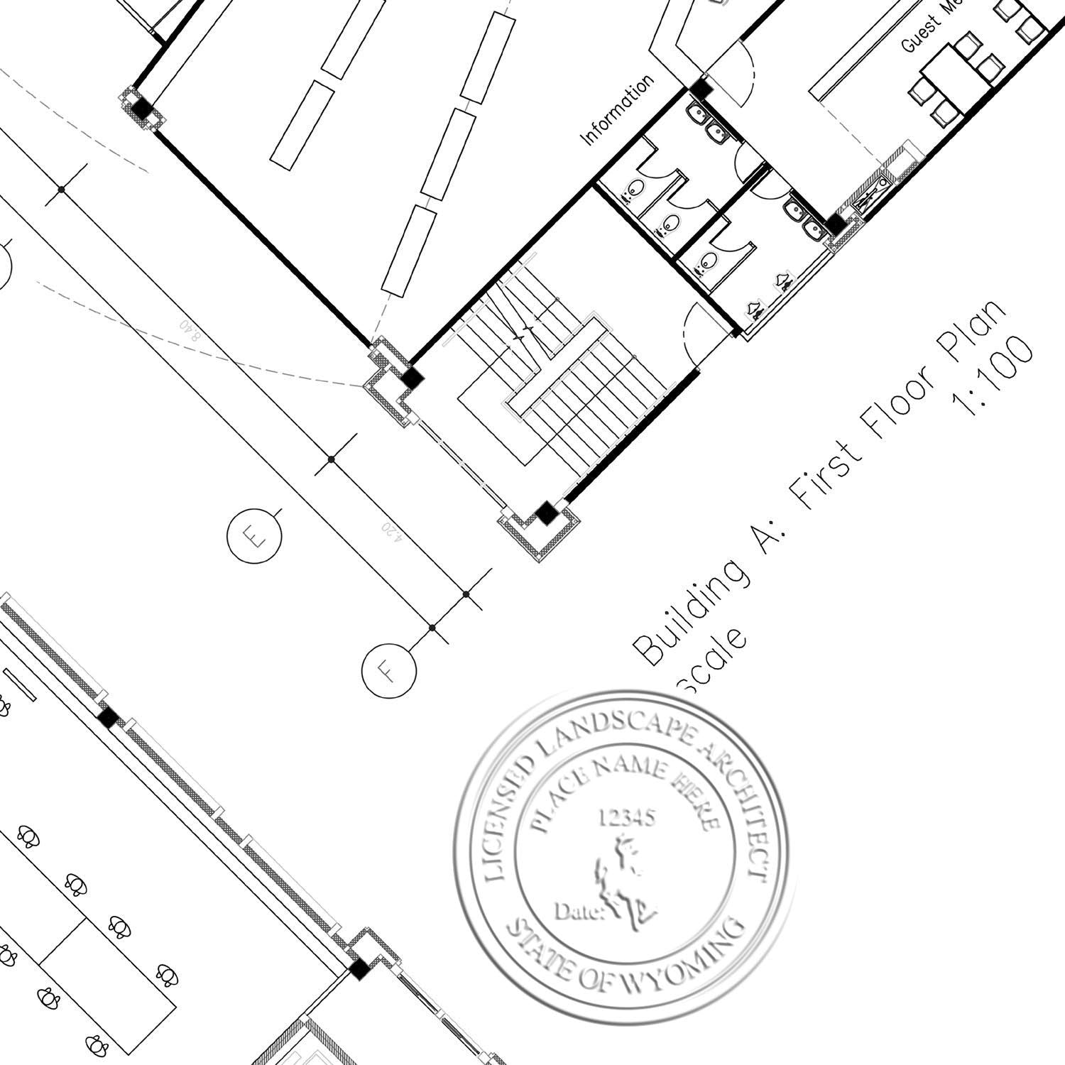 An alternative view of the Hybrid Wyoming Landscape Architect Seal stamped on a sheet of paper showing the image in use